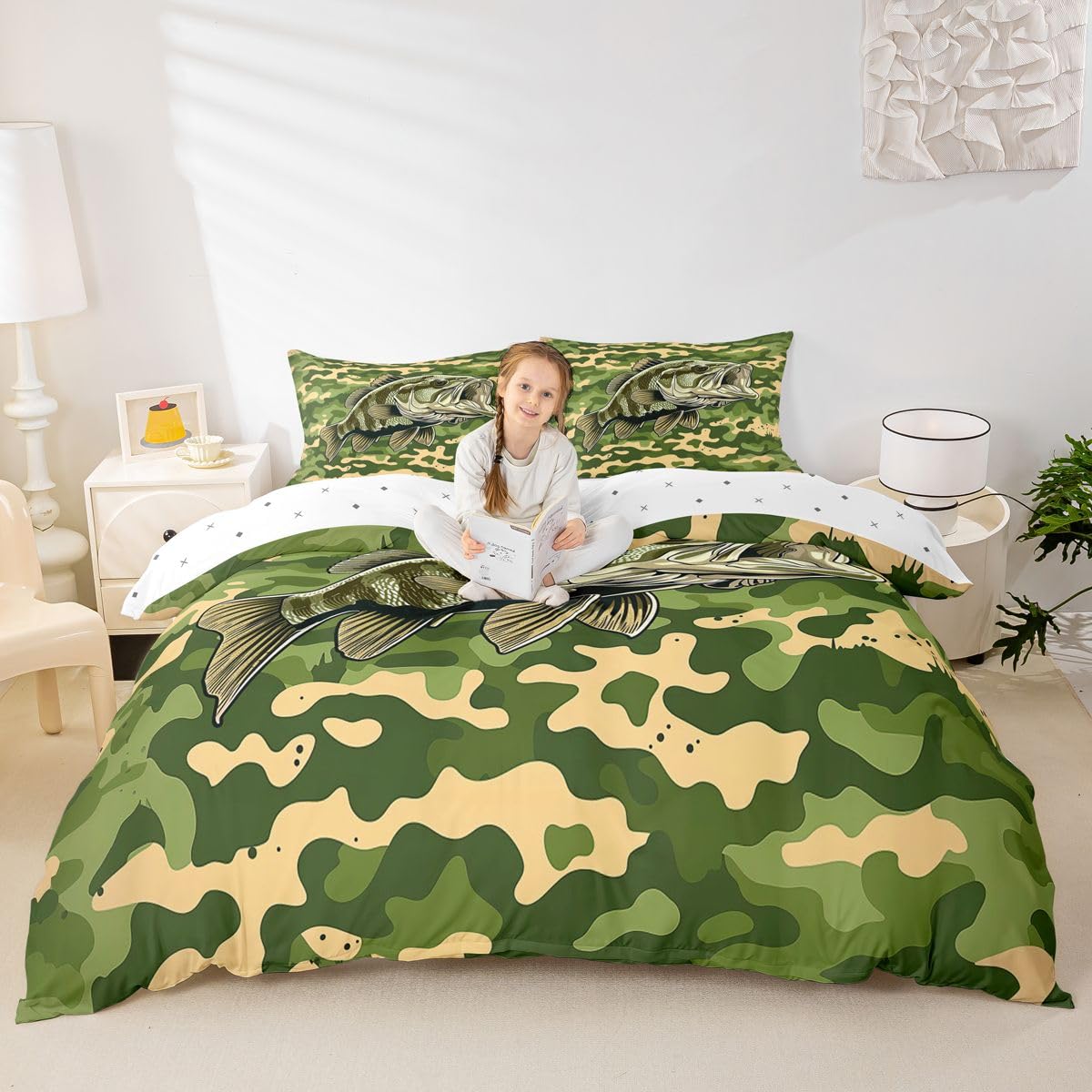 Loussiesd Kamuflaż ryby polowanie poszewka na kołdrę rozmiar king size chłopcy dziewczęta duży szczupak wędkarstwo zestaw pościeli oddychająca miękka rybak poszewka na kołdrę 3 szt. basowa ryba