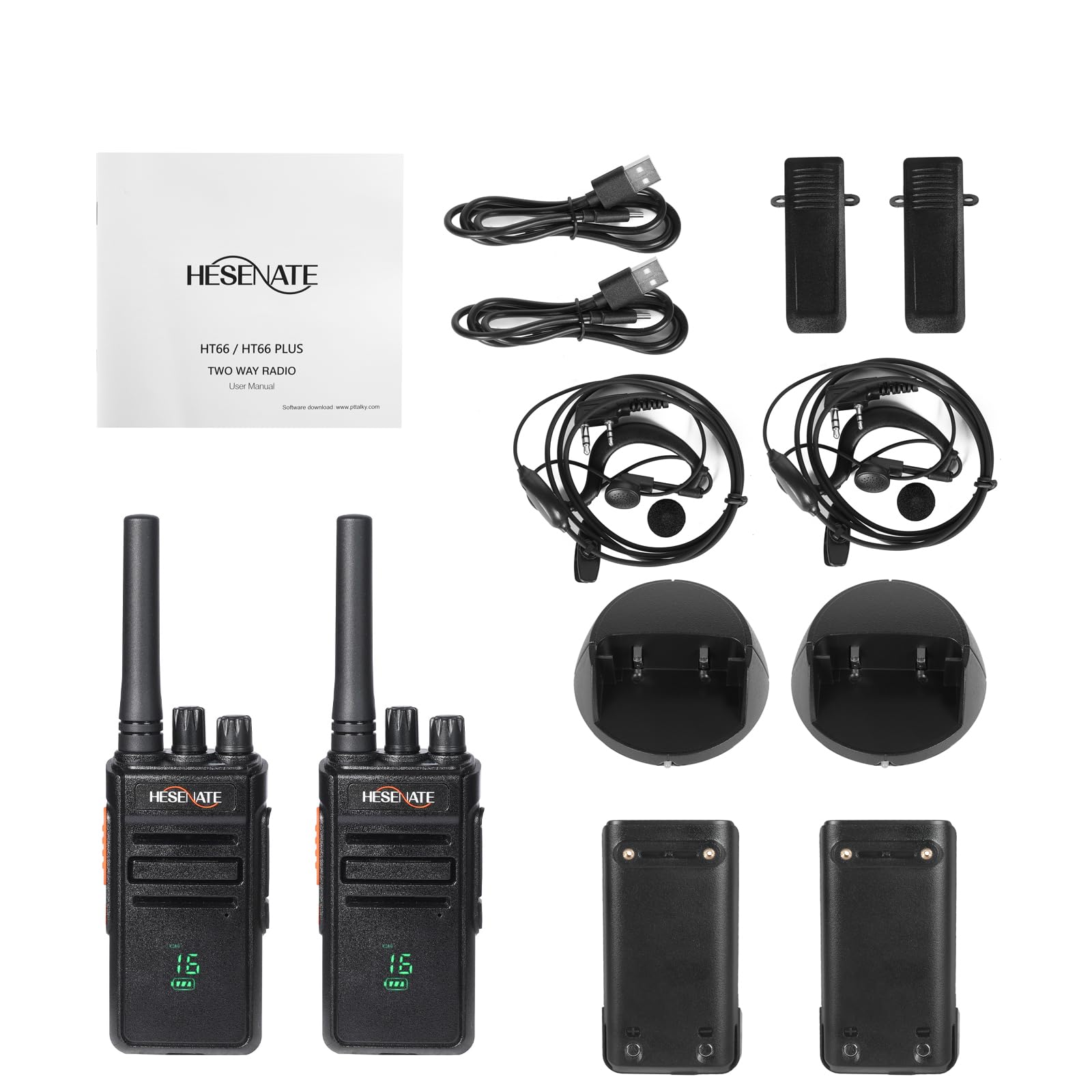 HESENATE HT66 Plus Walkie Talkie sin Licencia,16 Channels con Pantalla,Walkies Profesionales Largo Alcance,con VOX Manos Libres Pinganillo Walkies,para Restaurantes Hotel (2 Pizeas,Negro)