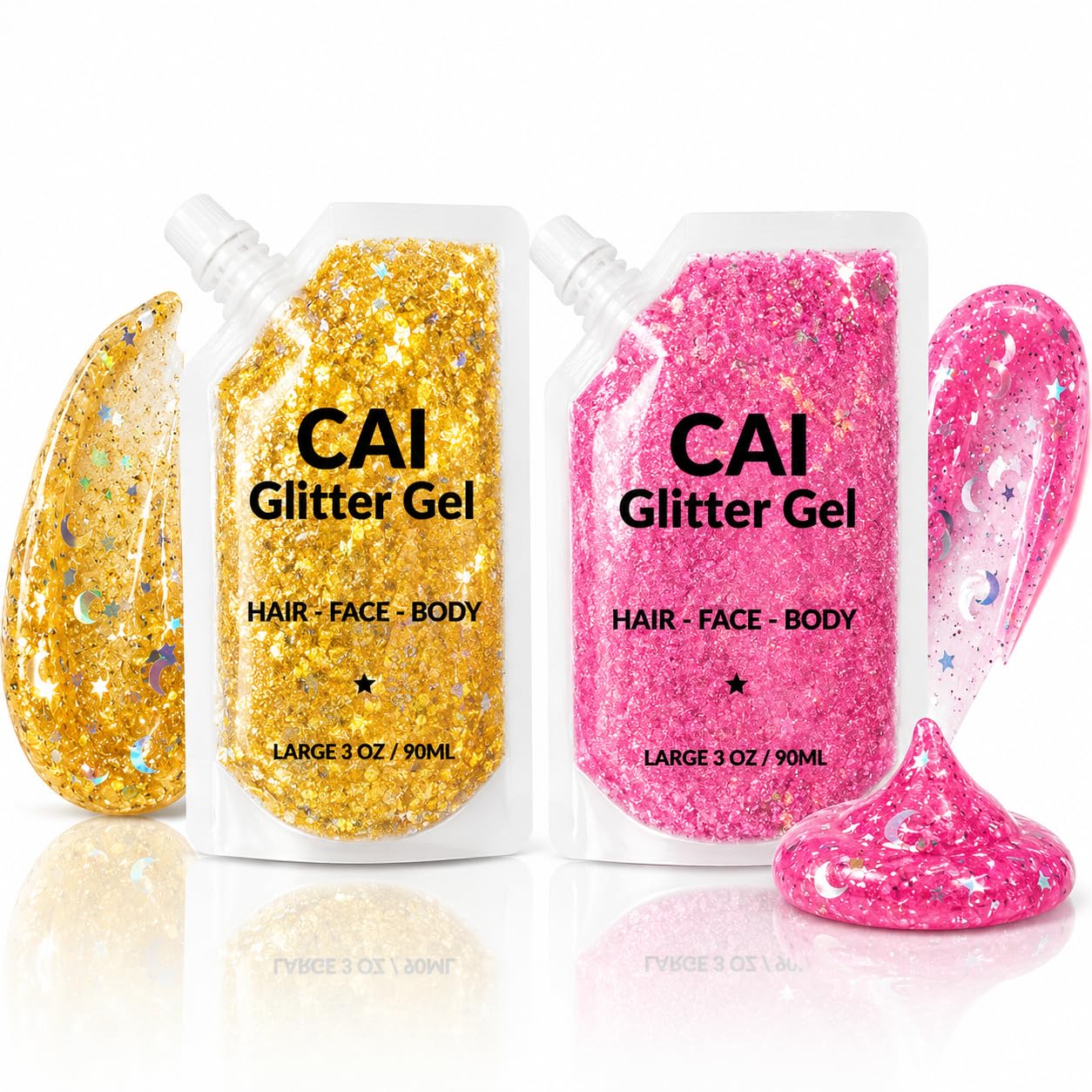 Body Glitter Gel- Face, Body & Hair (2 PK Rose/Gold) Chunky Iridescent Holograph Stars & Moon, 6 oz | Cosmetic-Grade Makeup, Apply Without Glue, Easy to Take Off & Keep Skin Clean - for Raves