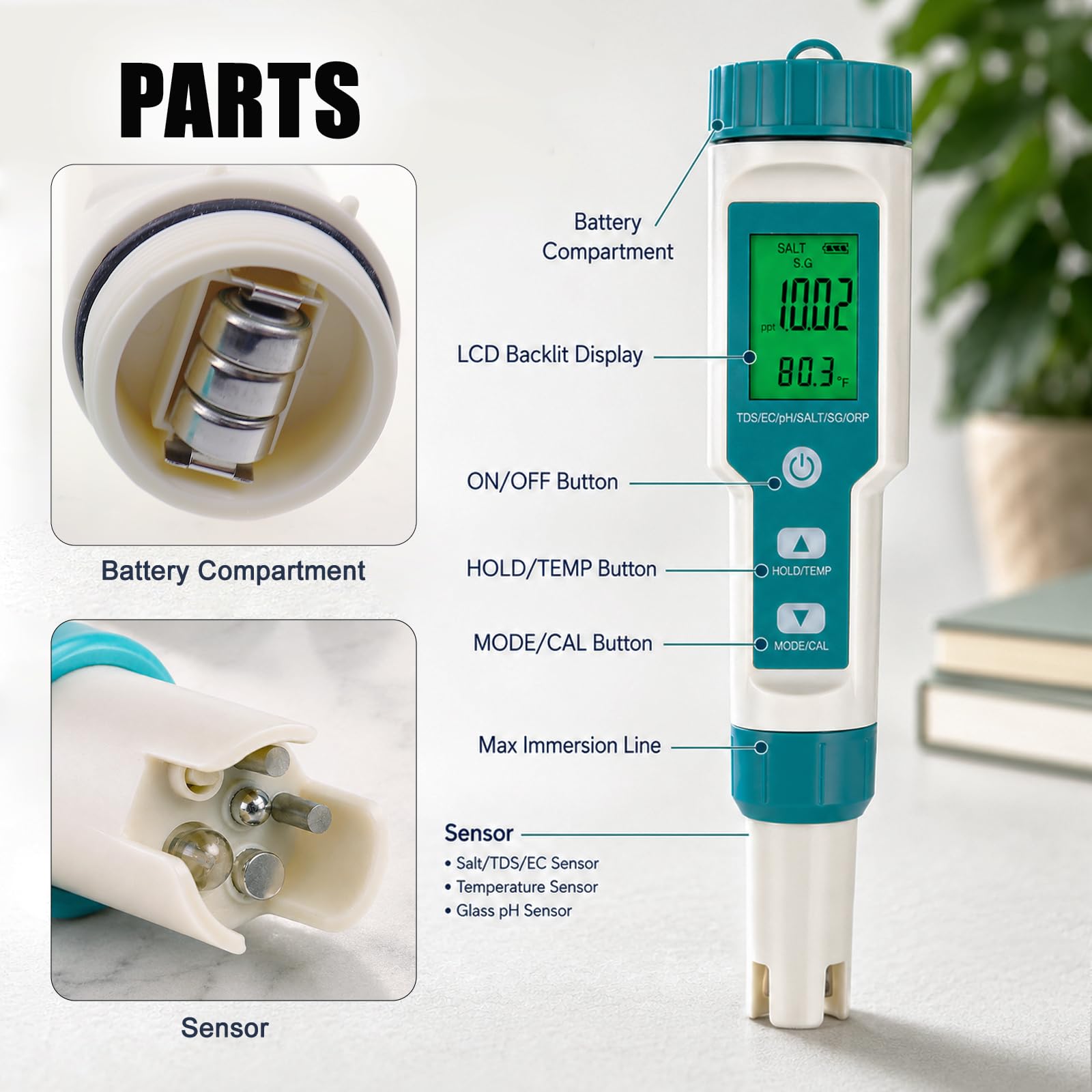 Testeur Eau 7-en-1 pH TDS EC ORP Salinité SG Temp | Étanche IP67, Calibrage Auto, Écran Rétroéclairé, Sonde Remplaçable, ATC, Poudres Calibrage pH Incluses.