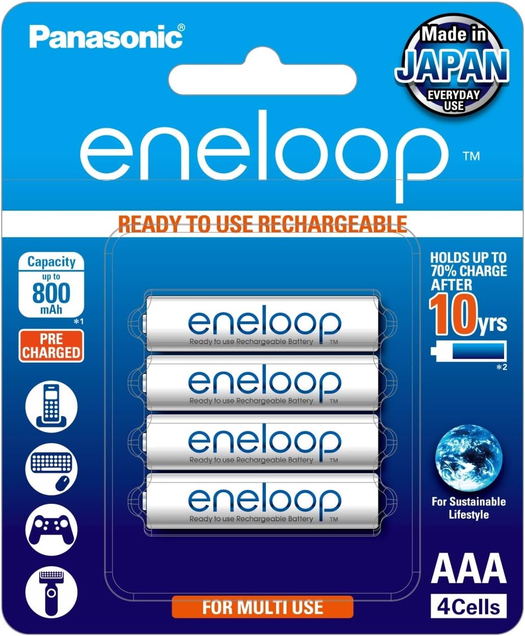 BK-4MCCE/4BN Eneloop(Up to 800 mAH) AAA Ni-Mh Pre-Charged Rechargeable Batteries, 4-Battery Pack