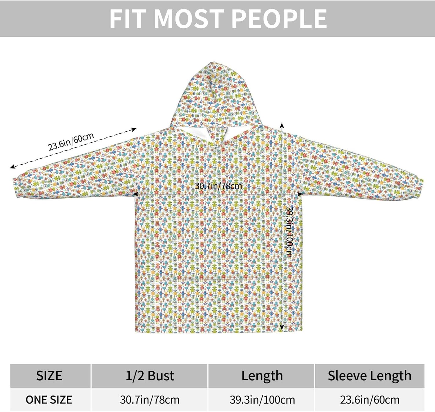 Cute Cartoon Robots Print﻿ ﻿winter Cozy Blanket Hoodie Wearable With Sleevesfor Christmas New Year Loungewear
