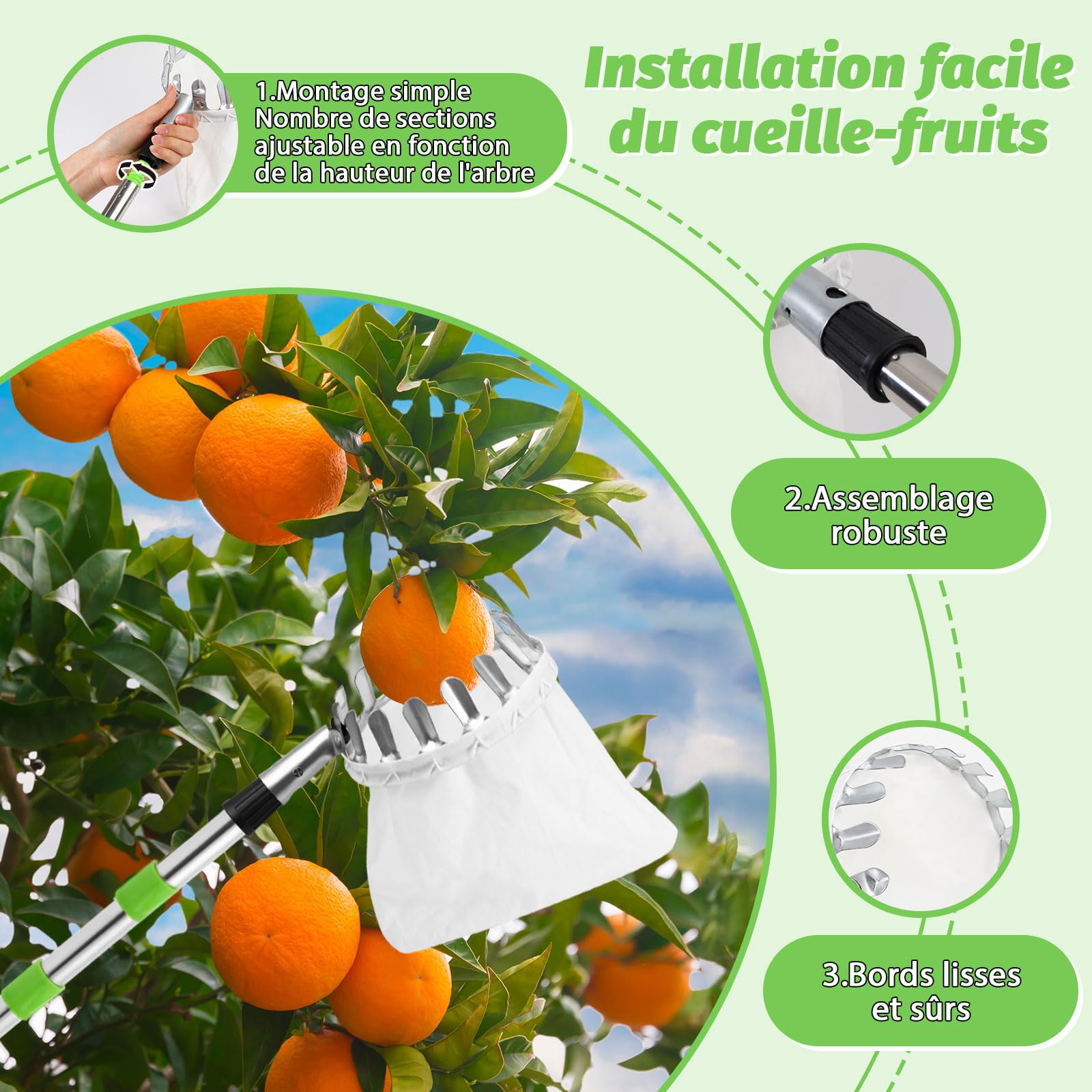 Recoge Frutas Telescopico, 4,2m Palo Extensible Recogedor De Frutas con Bolsa - Acero Inoxidable Mango Telescópico Frutas Herramientas Recolectoras (4,2m)