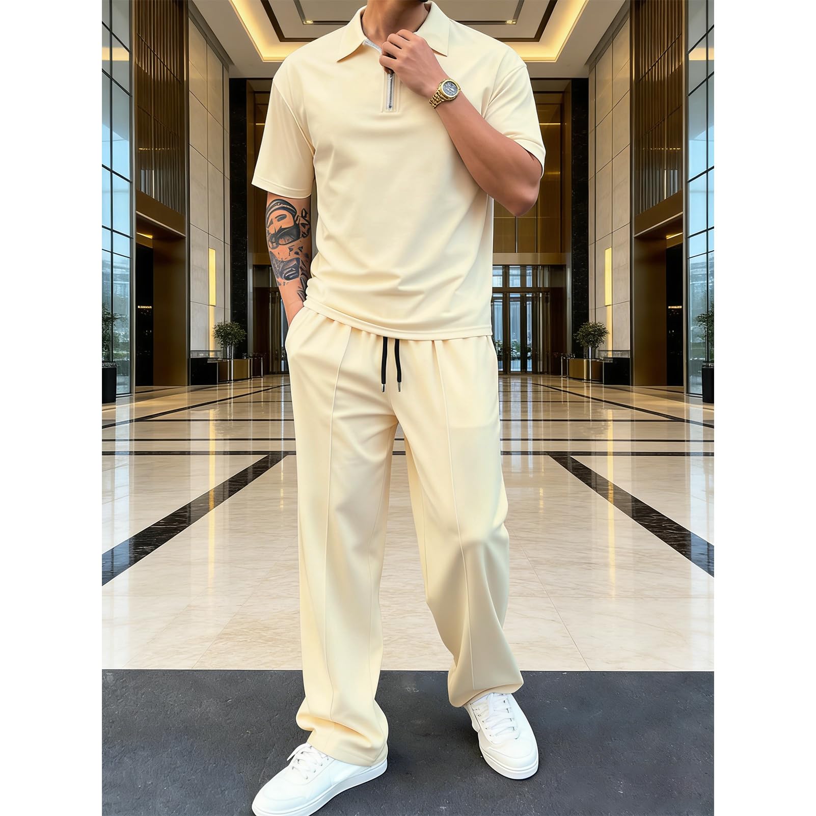 amropi Estiva Sportiva Tuta Uomo Maniche Corte Maglietta con 1/4 Cerniera e Pantaloni da Jogging 2 Pezzi Set