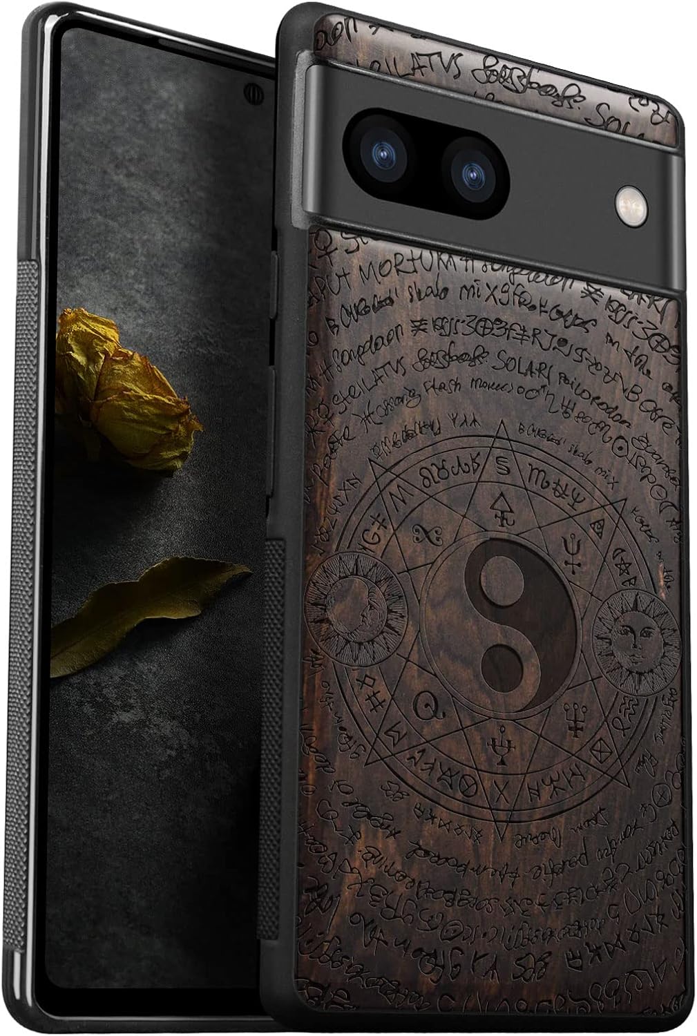 Carveit Wood Case for Pixel 7a Case [Natural Wood & Black Soft TPU] Shockproof Protective Unique & Classy Wooden Phone Cover Compatible with Google Pixel 7a (Mysterious Yinyang-Blackwood)