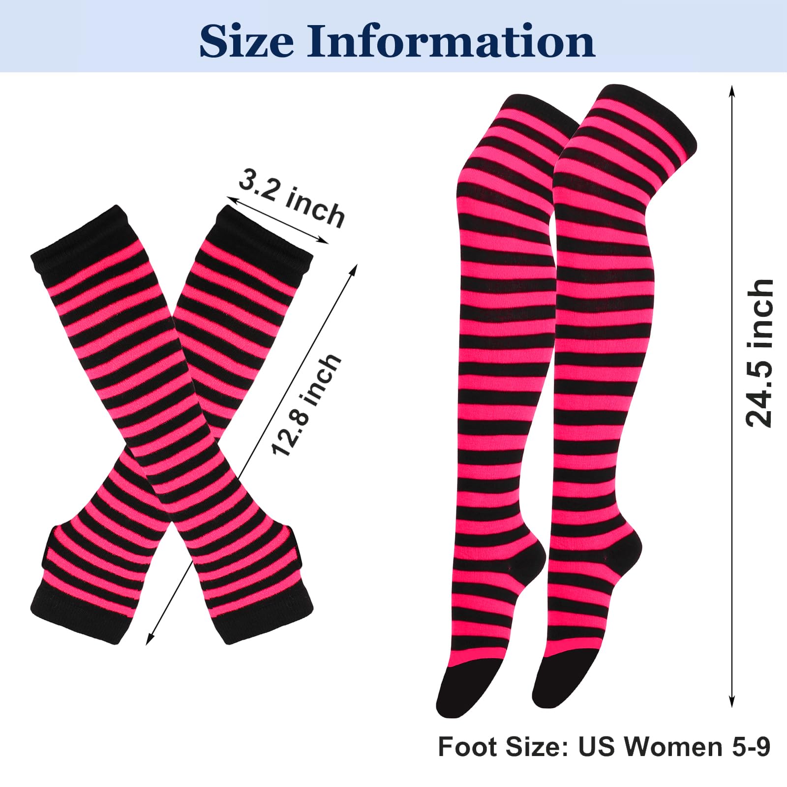 Ibeauti 8 Pcs Womens Striped Knee High Socks Stockings Y2K Goth Knitted Long Arm Warmer Fingerless Gloves Set: 2-black/Hot Pink