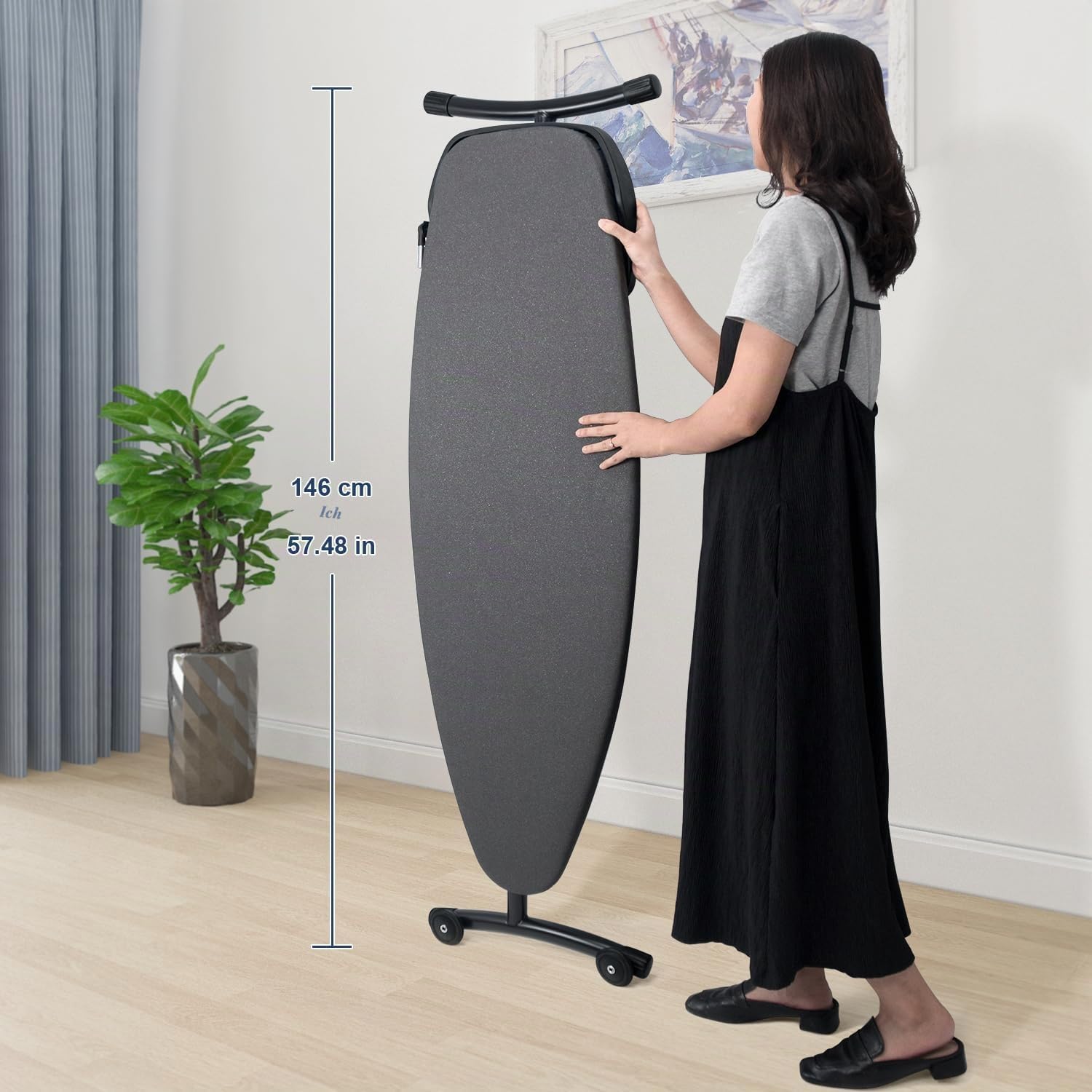 Duwee Extra Large Bügelbrett mit Rollen, Extra breites Bügelbrett für Dampfstationen, robuste und klappbare Beine, 10 mm Fellenauflage, schwarz, 122 x 46 cm