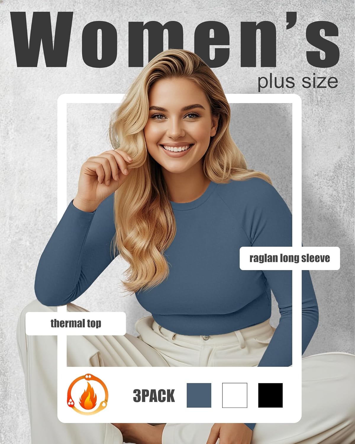 3 Pack Women's Plus Size Thermal Shirts Raglan Sleeve Crew Neck Fleece Lined Tops Long Sleeve Base Layer Underwear - Image 4