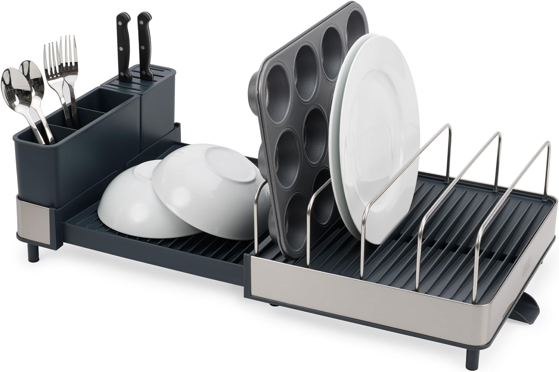 Extend Max Steel Expandable Dish Rack with Removable Cutlery Holder, Drip Spout, Dish Rack, High Capacity for Large Items, Stainless Steel
