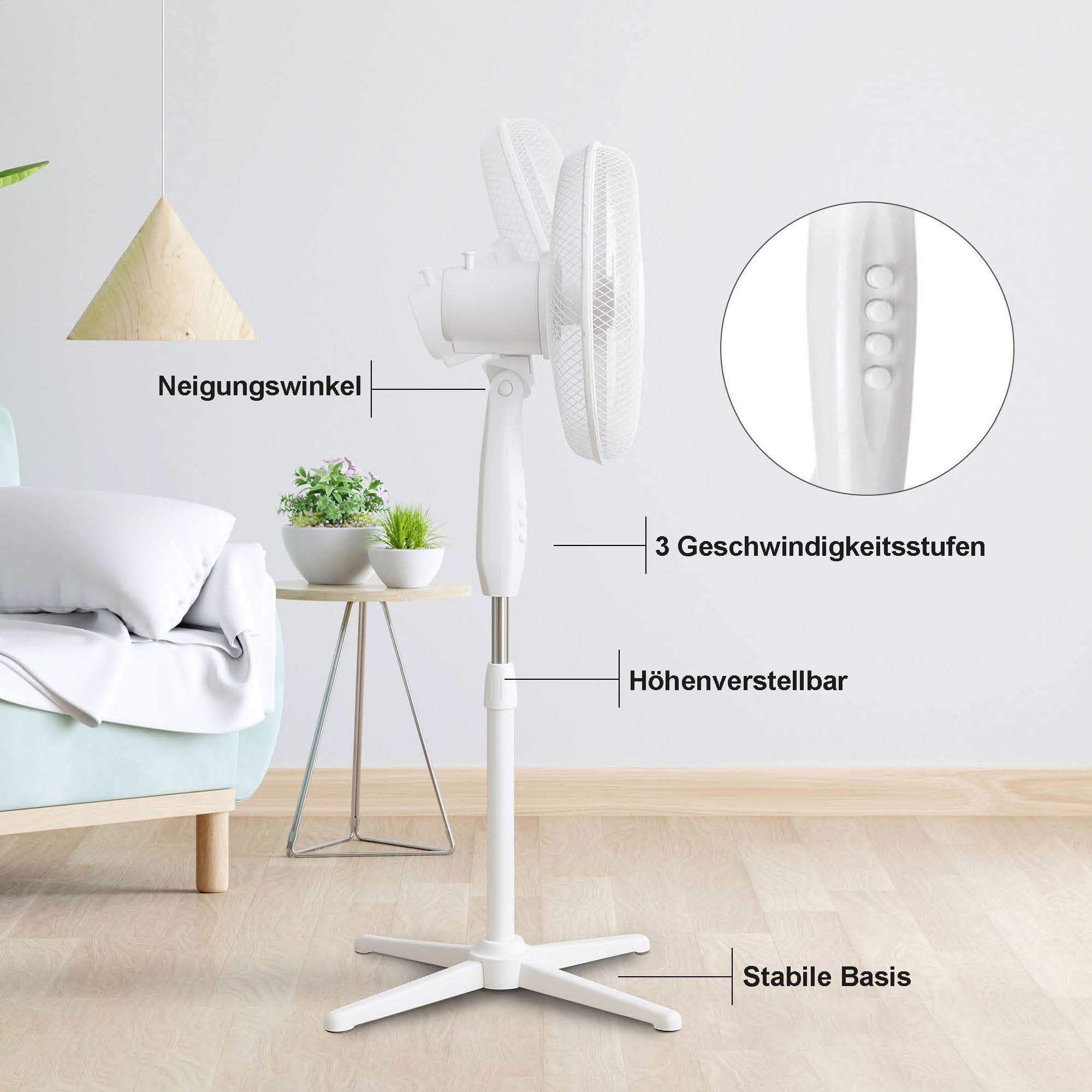 EXTRALINK Standventilator 40 cm – Leiser Bodenventilator 3 Geschwindigkeiten, Oszillation, Neigungsverstellung & 3 Rotorblättern – Kompakter Ventilator für Schlafzimmer, Büro & Zuhause – 45W Weiß