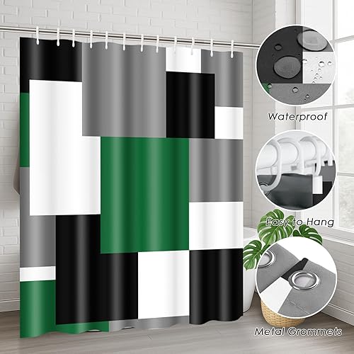Miniatura 6 de ArtSocket Juego de baño geométrico verde con cortina de ducha y accesorios de alfombras, cortina de ducha militar moderna negra y gris, decoración