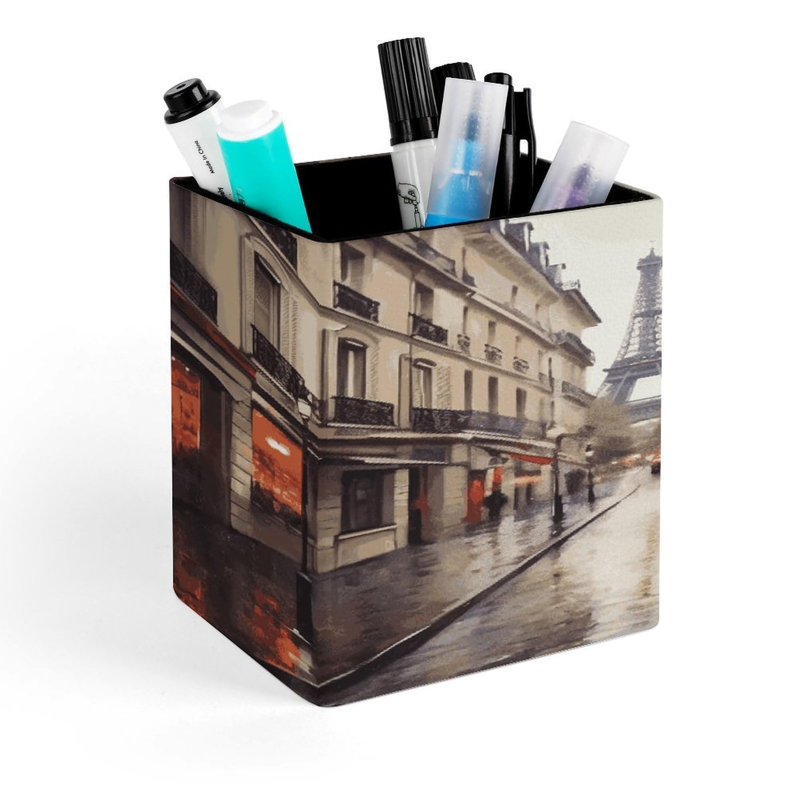 FekiLoot Rainy Street in Paris Personalized Desk Pencil Holder Office Accessories Square Pen Container Box Desk Organizer Holder