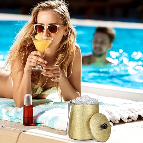 Miniatura 8 de Cubo de hielo con tapa, 2.8 L, doble pared de acero inoxidable que mantiene el frío durante más tiempo, cubo de hielo dorado aislado con pinza