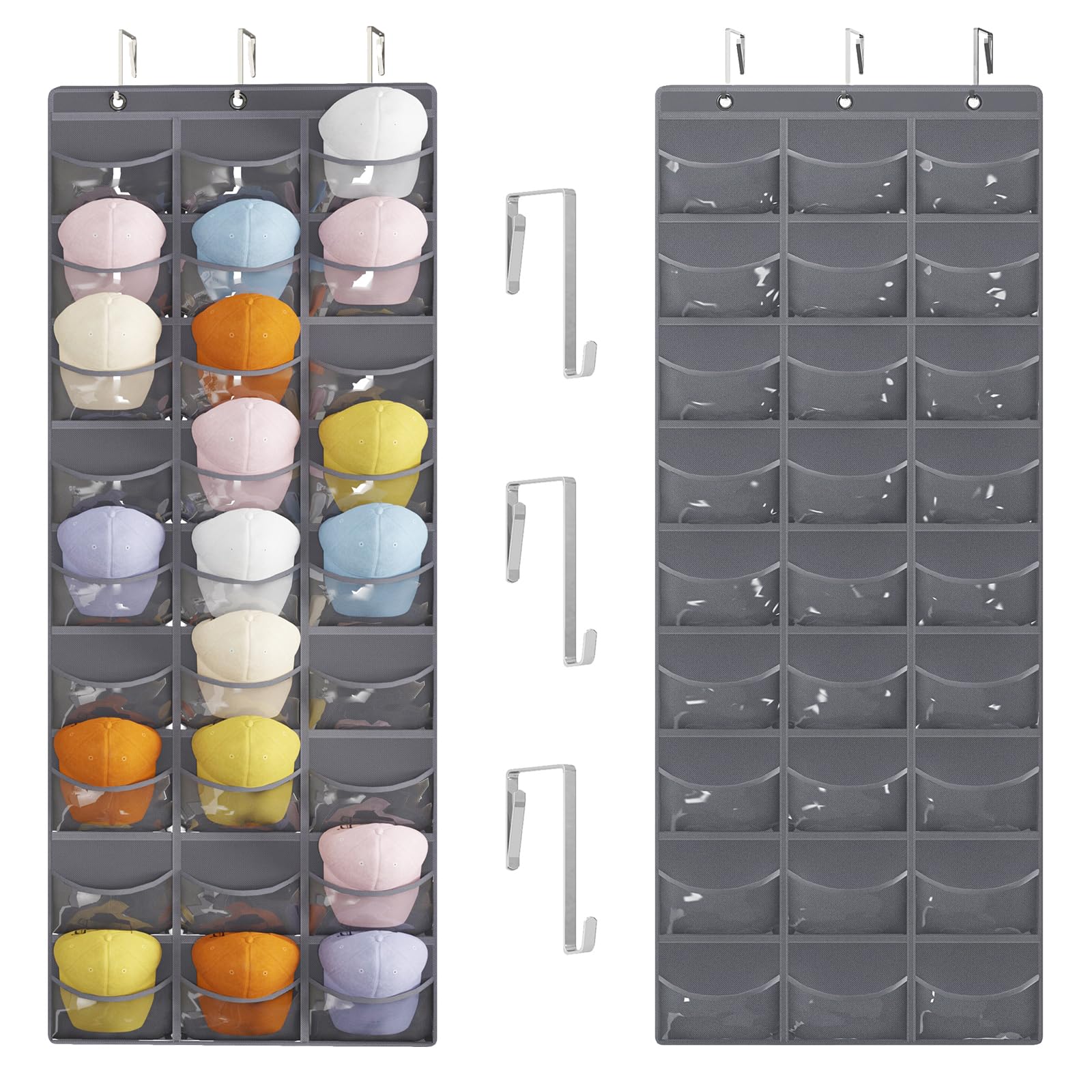 Fixwal Hat Organizer Racks for Baseball Caps, 27 Pocket Pocket Over the Door Hat Organizer with 3 Hooks, Hat Storage to Protect and Display, Gray