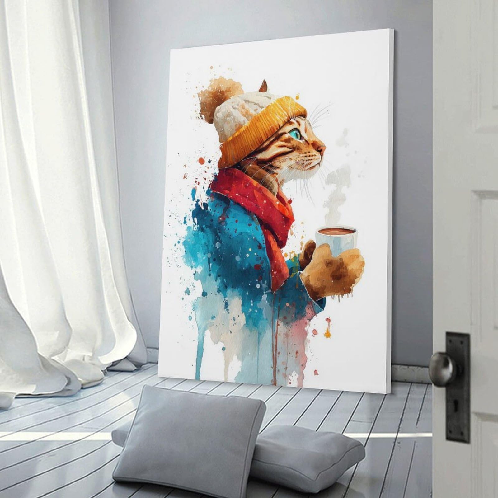 Junmoney Canvas Wall Picture Watercolor Cat in with Coffee in Winter, 08x12inch(20x30cm), for Study, Office Or Focused Interiors, Wall Art That Adds Style to Work Areas