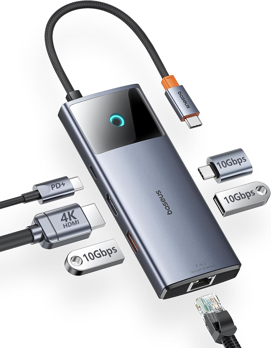 Hub USB C de 10 Gbps, 3 puertos de datos USB A/C, HDMI 4K@60 Hz, Gigabit Ethernet, PD de 100 W, estación de acoplamiento USB C 6 en 1 compatible con iPhone 15/Dell/HP/Mac/iPad/Microsoft/Steam Deck
