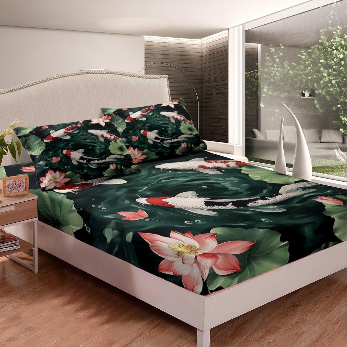 Koi Carp Fitted Sheet Queen Size 3D Watercolor Lotus Leaves Bedding Set for Kids Boys Girls Teens Oriental Japanese Bed Sheet Set Fish Marine Life Bed Cover Room Decor,No Top Sheet
