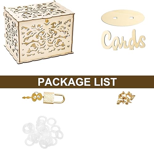 Miniatura 3 de ZENFUN Caja de madera para tarjetas de boda con candado y letrero de tarjeta, caja de tarjeta hueca de madera rústica, caja de recepción de boda