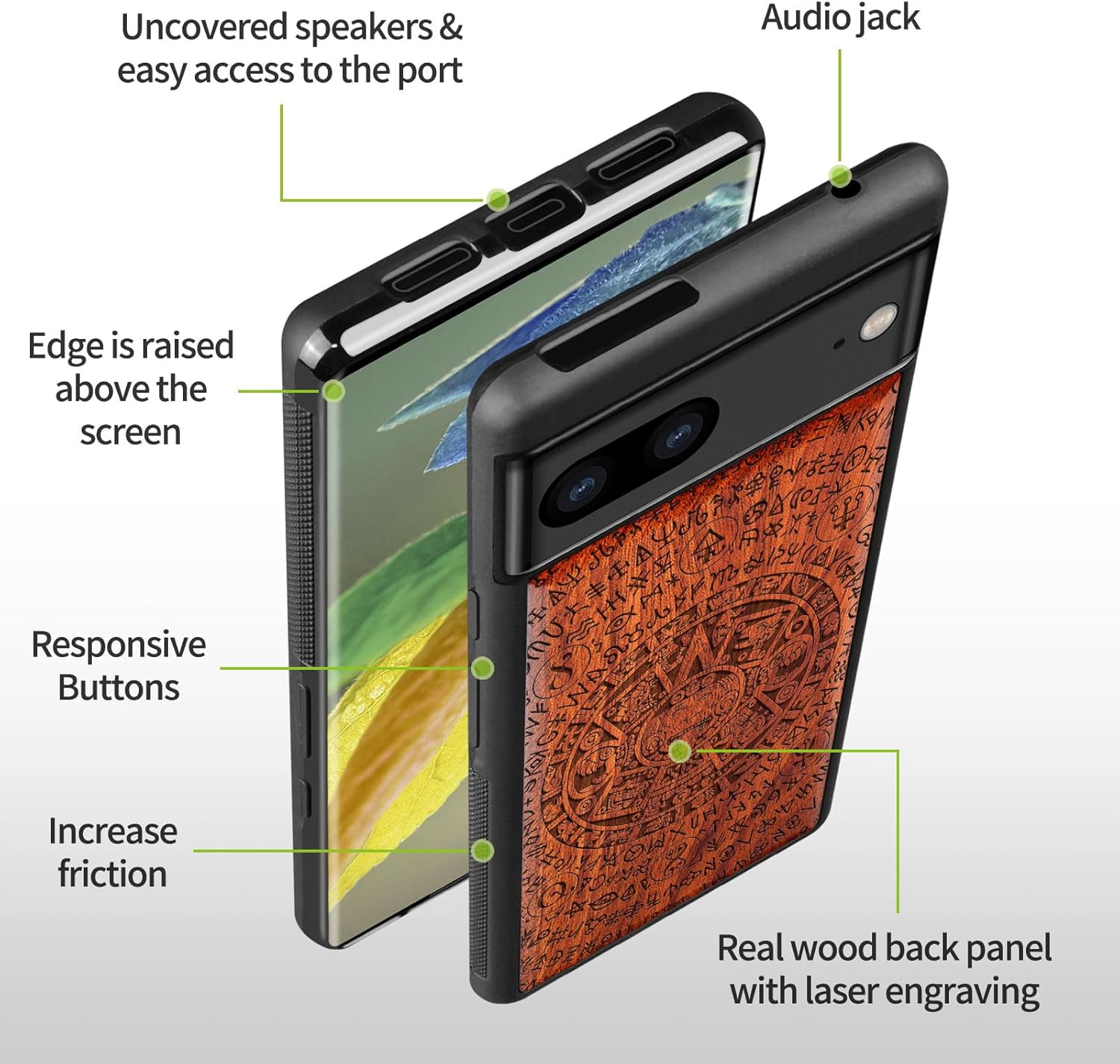 Carveit Wood Case for Pixel 7 Case [Natural Wood & Black Soft TPU] Shockproof Protective Unique & Classy Wooden Cover Compatible with Google Pixel 7 (Maya Totem-Rosy)