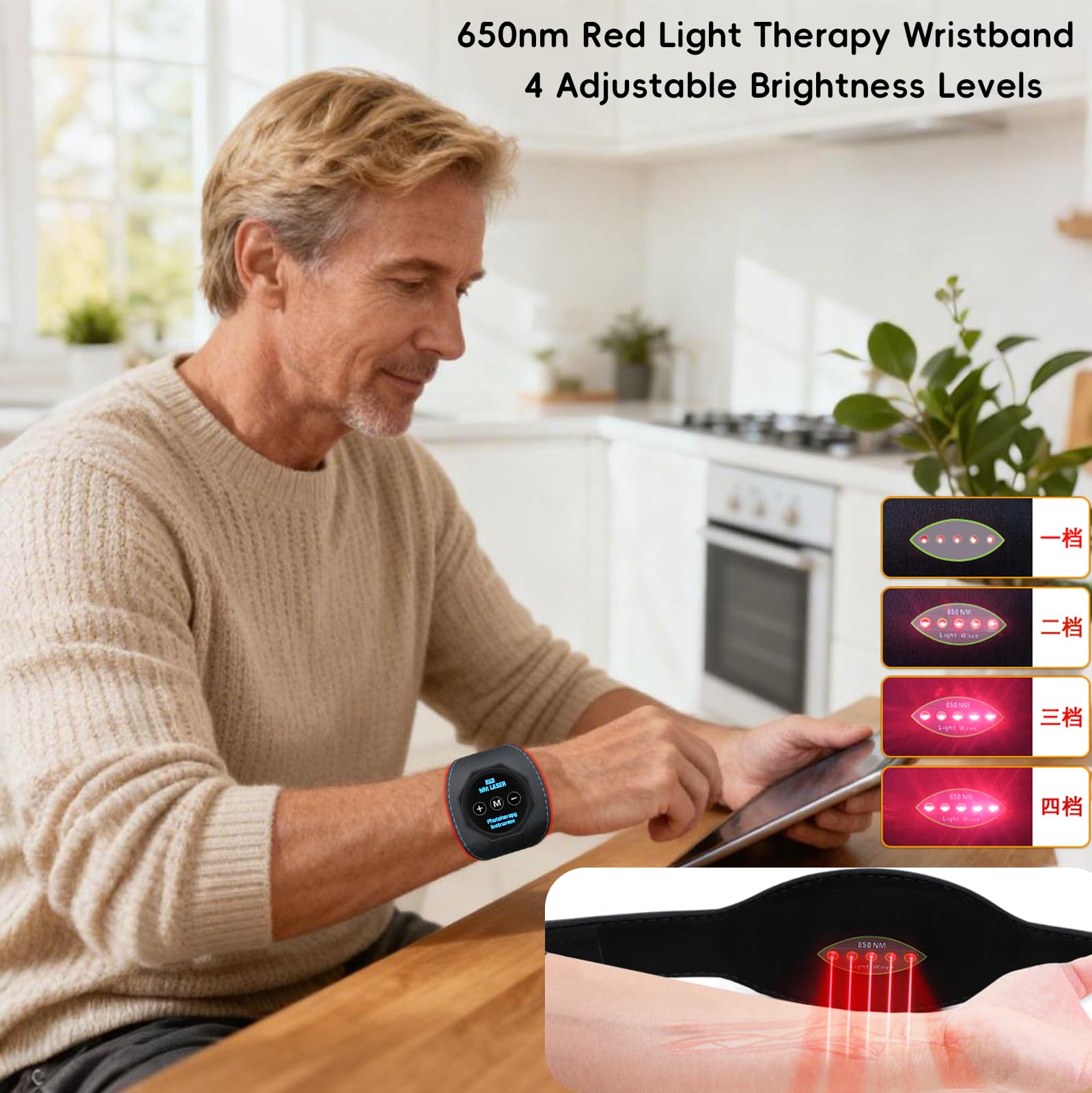 Terapia de luz roja para muñeca de mano, pulsera de luz visible de 650 nm con ajuste de 4 niveles, diseño portátil para padres mayores para aliviar la tensión muscular y el cuidado de las manos, uso