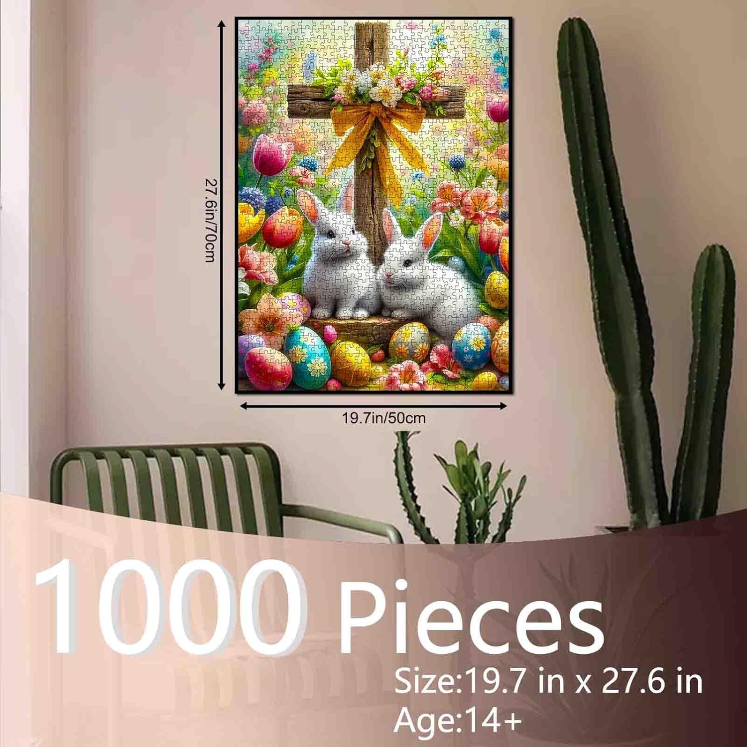 Christian Cross Easter Jigsaw Puzzle，Cross Bunny Eggs 1000 Pieces Jigsaw Puzzles for Adults，27 x 20 Inches Puzzles for Families，HD Quality Easter Puzzle Gift，Family Activity Perfect for Game Nights