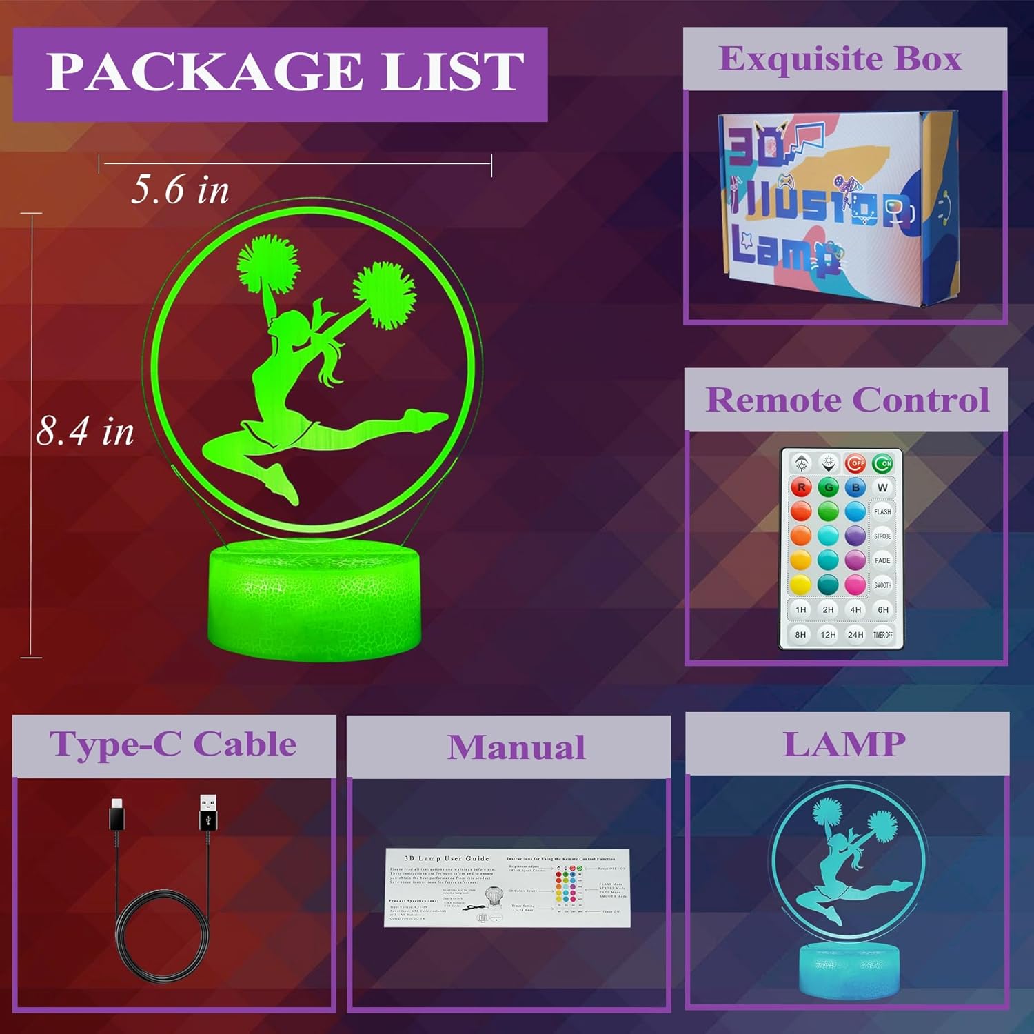 Cheerleader Gifts, Cheerleader 3D Night Light with 16 Colors Changing, Timer, 4 Flash Modes and Dimmable, for Birthday Xmas Cheering Squad Gifts for Room Decor Girls - Image 6