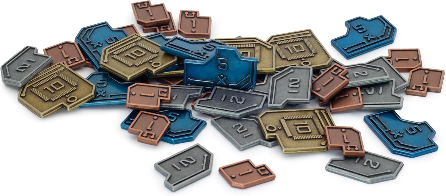 Stonemaier Games: Metal Sci-Fi Coins (Vantage) | Sci-Fi Coins to Enhance Your Gameplay | 45 Metal Coins - $1 (x18), $2 (x12), $5 (x9), and $10 (x6) Coins Made of zinc Alloy