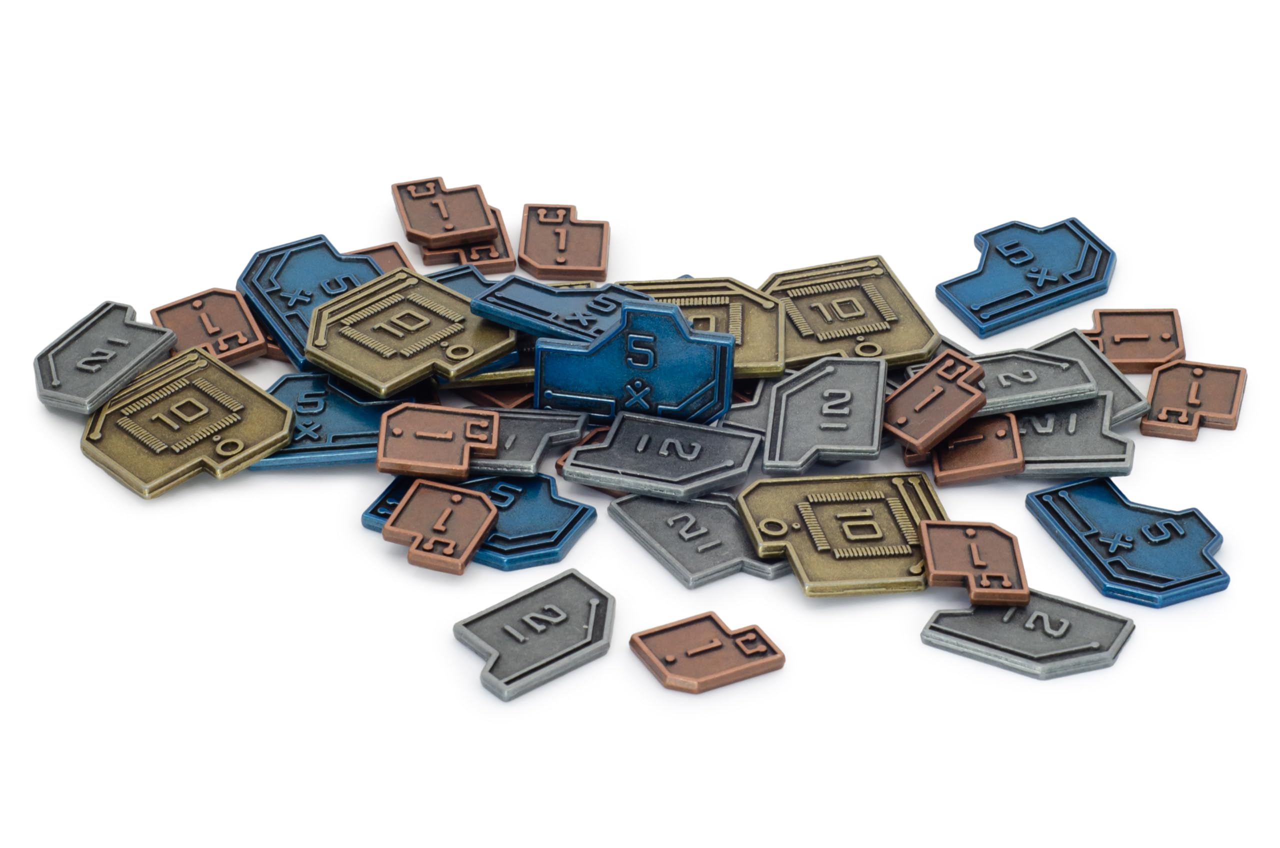 Stonemaier Games: Metal Sci-Fi Coins (Vantage) | Sci-Fi Coins to Enhance Your Gameplay | 45 Metal Coins - $1 (x 18), $2 (x12), $5 (x9), and $10 (x6) Coins Made of Zinc Alloy