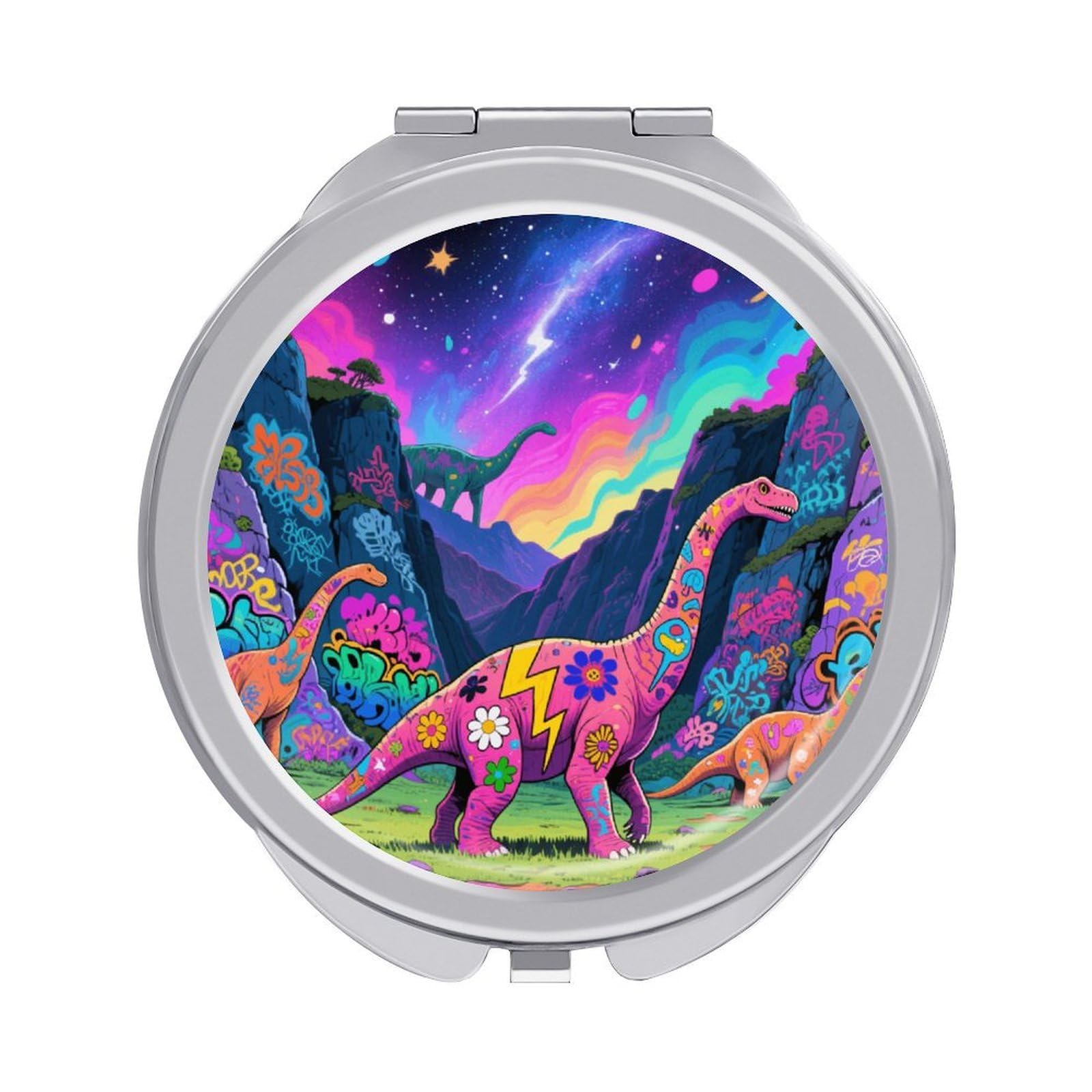 Fekiloot Style Graffiti Dinosaur Travel Makeup Mirror Handheld Compact Mirror Portable Pocket Mirror Double-Sided 1X/2X Magnifying For Handbag And Purses