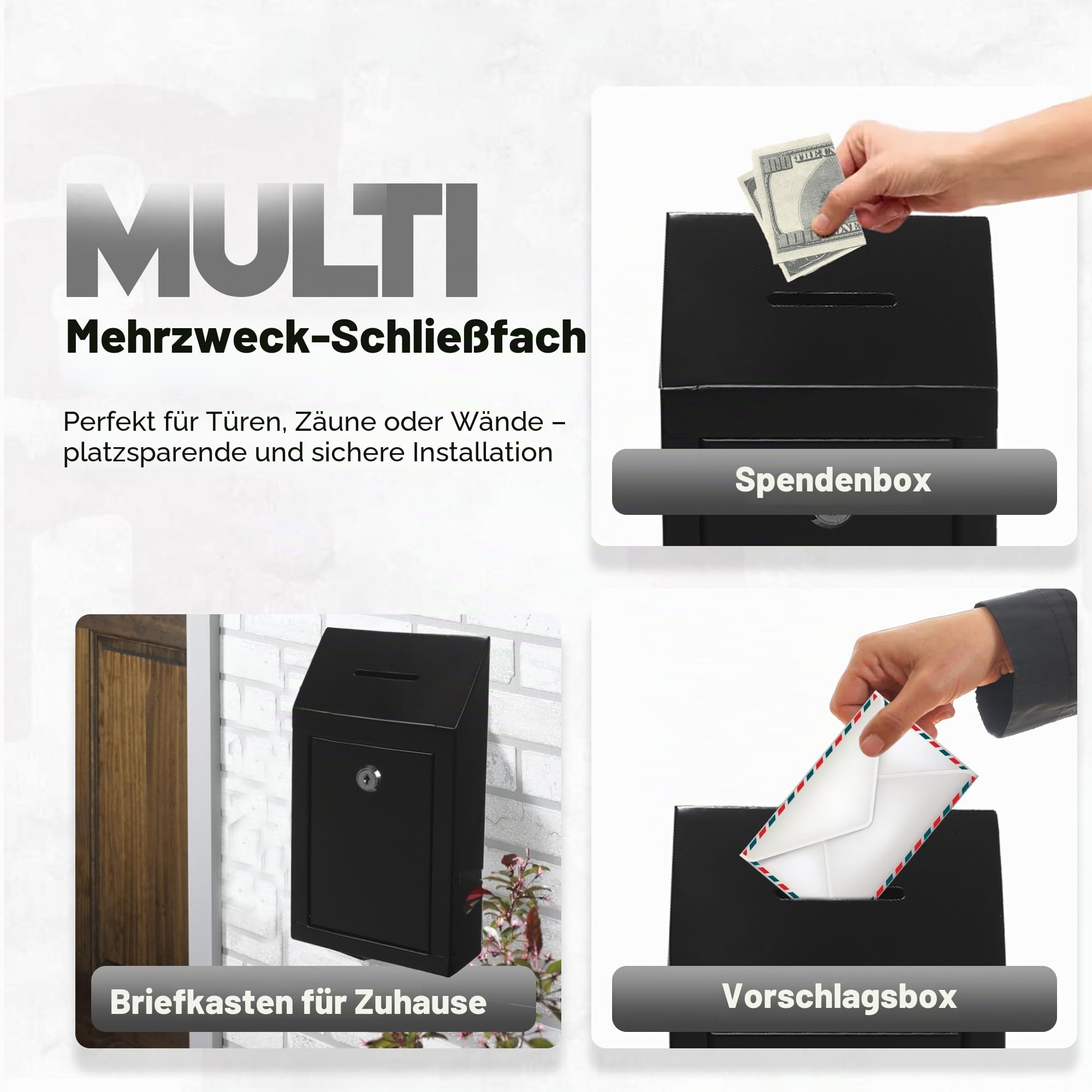 Metall-Spendenbox – Stahl-Sammelbox mit sicherem Schloss, 2 Schlüssel, Wandhalterung, 25,4 x 15,2 x 6,3 cm (Schwarz)