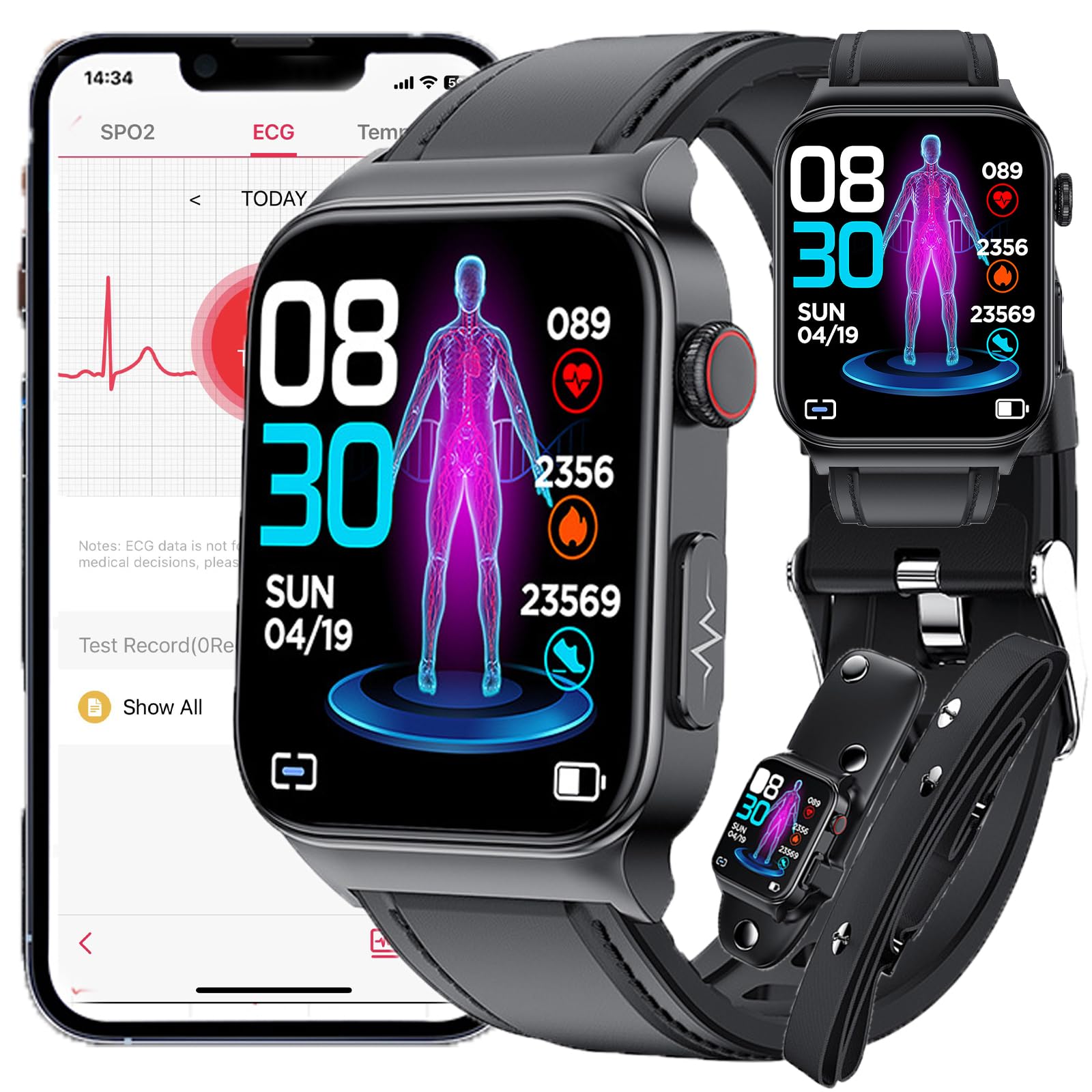 Close-up of the smartwatch display showing various icons and watch faces