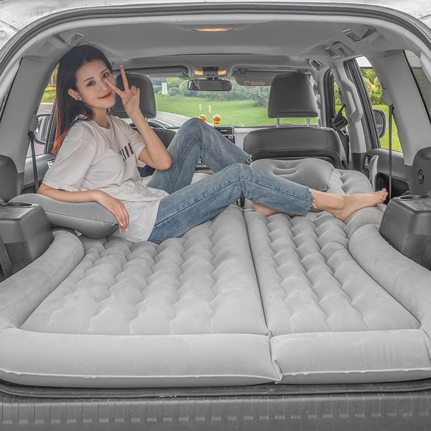 MostNow SUV Air Mattress Camping Bed Cushion Pillow - Inflatable Thickened Car Air Bed with Air Pump Portable Sleeping Pad Mattress for Home Car Travel Camping Upgraded Version (Grey)