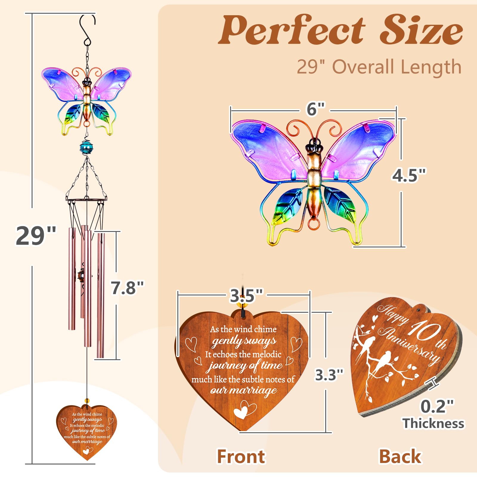 10th Wedding Anniversary Unique Gifts, 10 Year Wedding Anniversary Blissful Gifts for Couple, 10 Year Anniversary Romantic Gifts for Him Her, 10th Anniversary Elegant Gift, Wind Chimes - Image 3