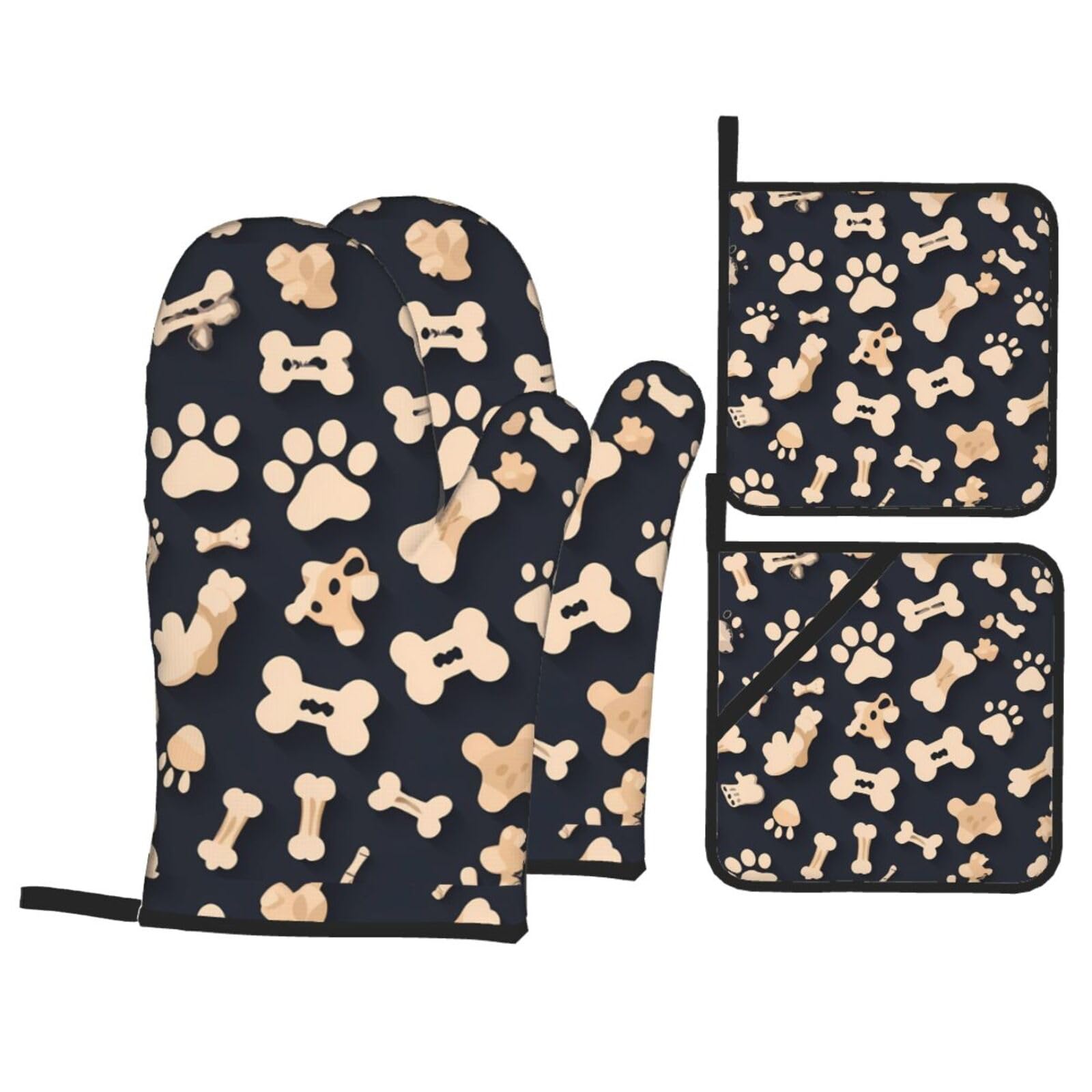 HJFCZH Dog Bones Paw Picture Kitchen Baking Set of 4 Thick Insulated Oven Mitt & Pot Holders, Anti-Scalding for Microwave, Oven, Outdoor BBQ