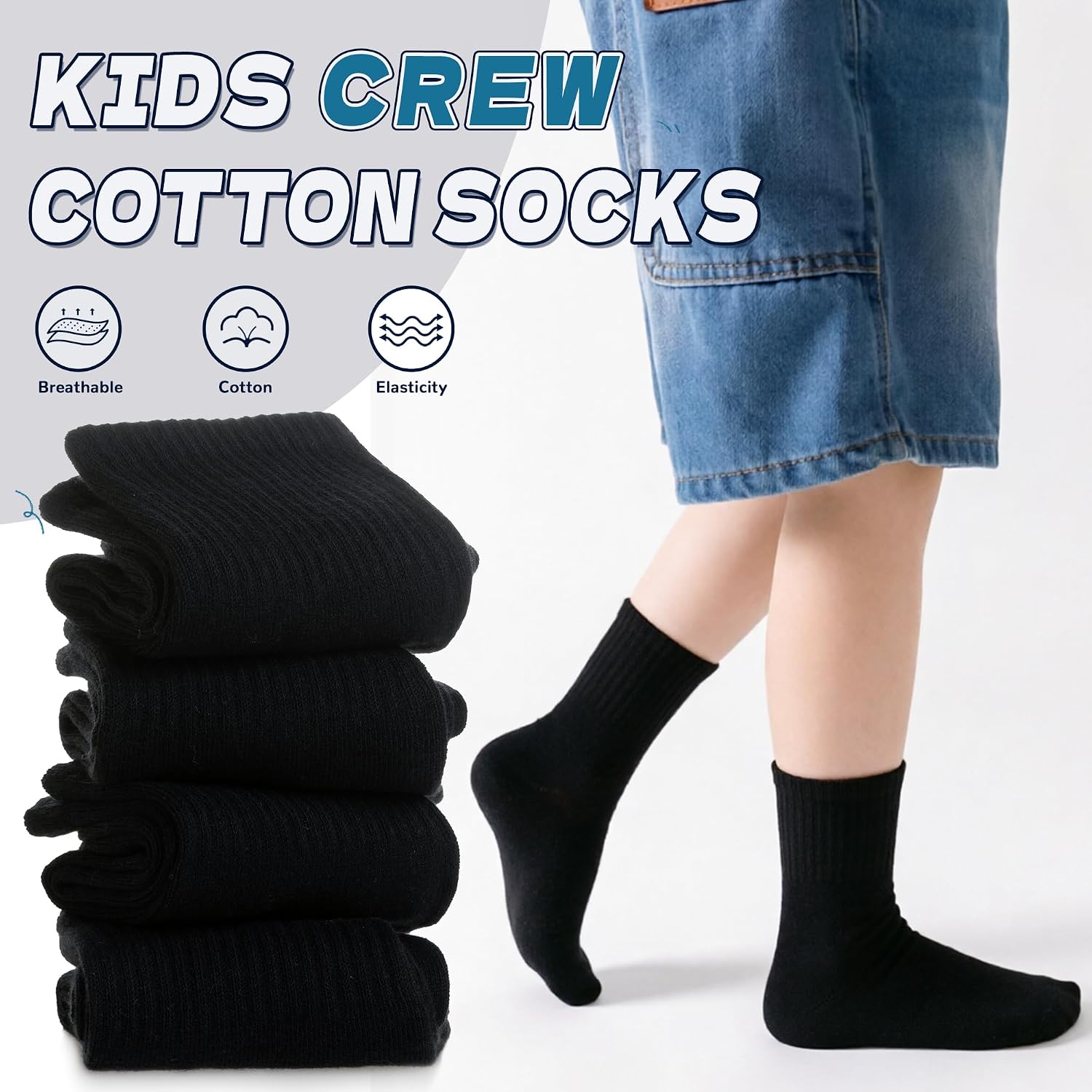 Kids Classics Crew Socks 10 Pairs Child Boy Girls Athletic Cotton Basic School Uniform Breathable Casual Sports Socks image 2