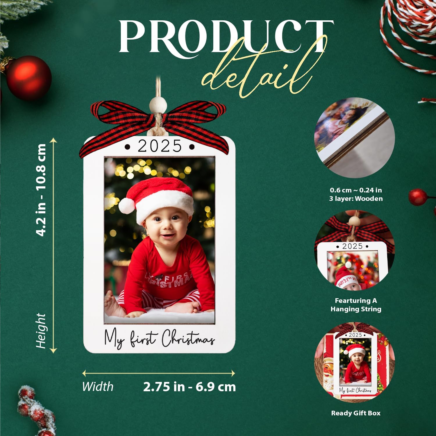 Babys First Christmas Ornament 2025 Girl And Boy - Mini Portrait Picture Frame Ornaments For Tree - My First Christmas Ornament - Photo Frame Ornaments - Baby's First Christmas Gifts 2025 - Image 2