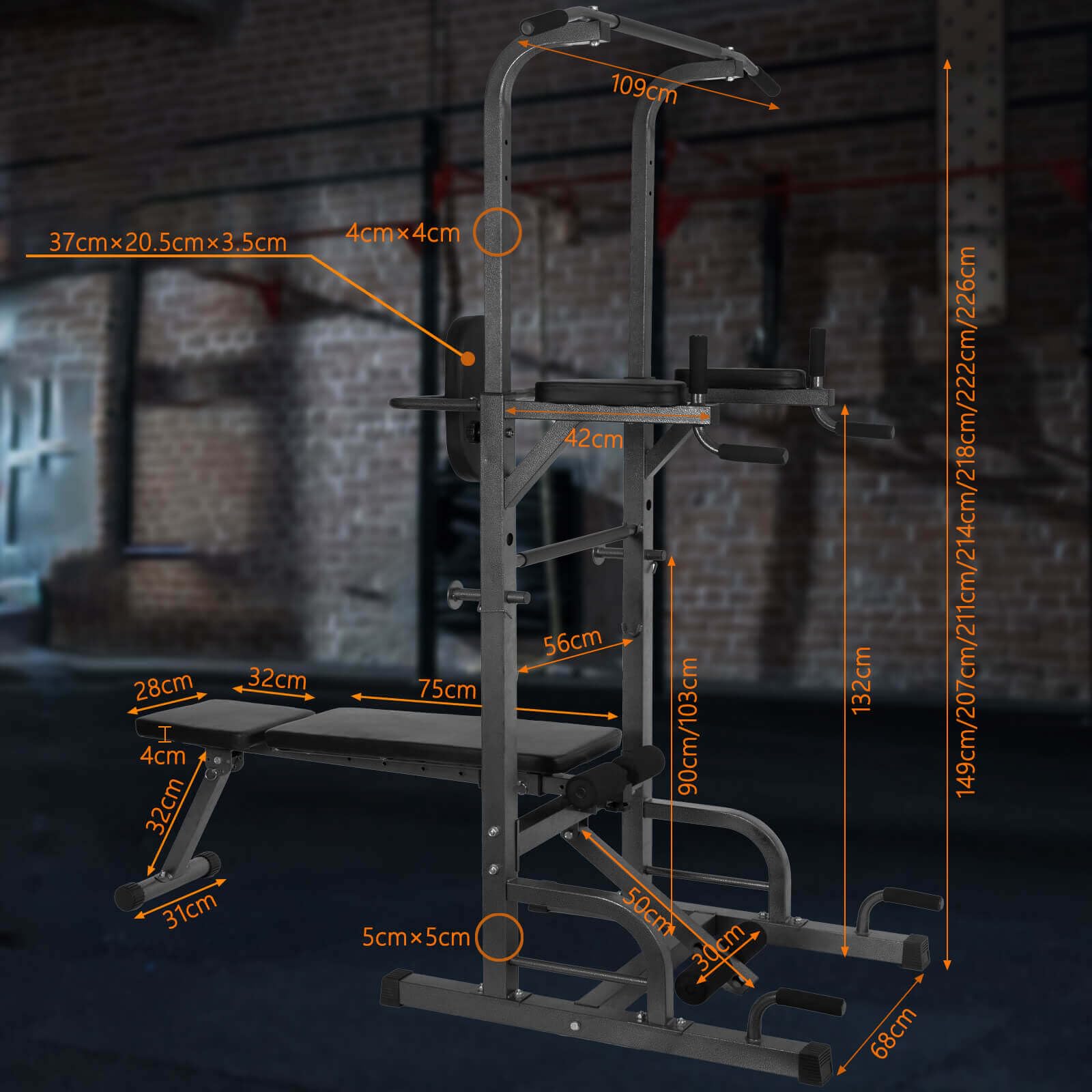 ALLINLIFE Estación de Musculación,Maquina Dominadas Multifuncional,Estación de Dominadas con Banco de musculación Plegable,Máquina de Musculación con Barra de Flexiones y Dips para Gimnasio en Casa