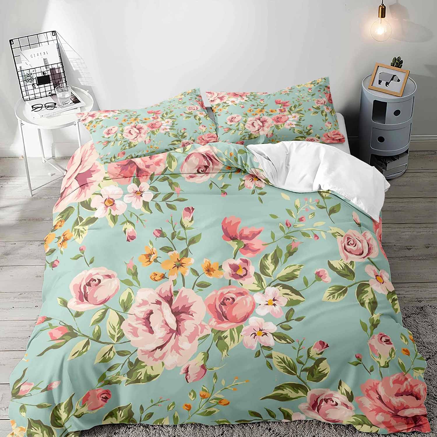 LUVIVIHOME 2PCS Vintage Floral Duvet Cover Twin Bedding Sets, Retro Rustic Farmhouse Cottagecore Shabby Chic Bedding, Botanical Leaves Pink Peony Rose