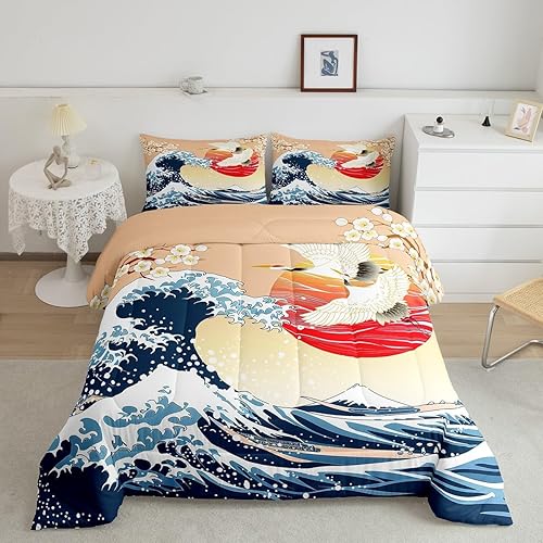 Miniatura 12 de Feelyou - Juego de edredón de olas japonesas tamaño queen para niños, flores de cerezo, edredón para niños, niñas y adolescentes, decoración de Azul