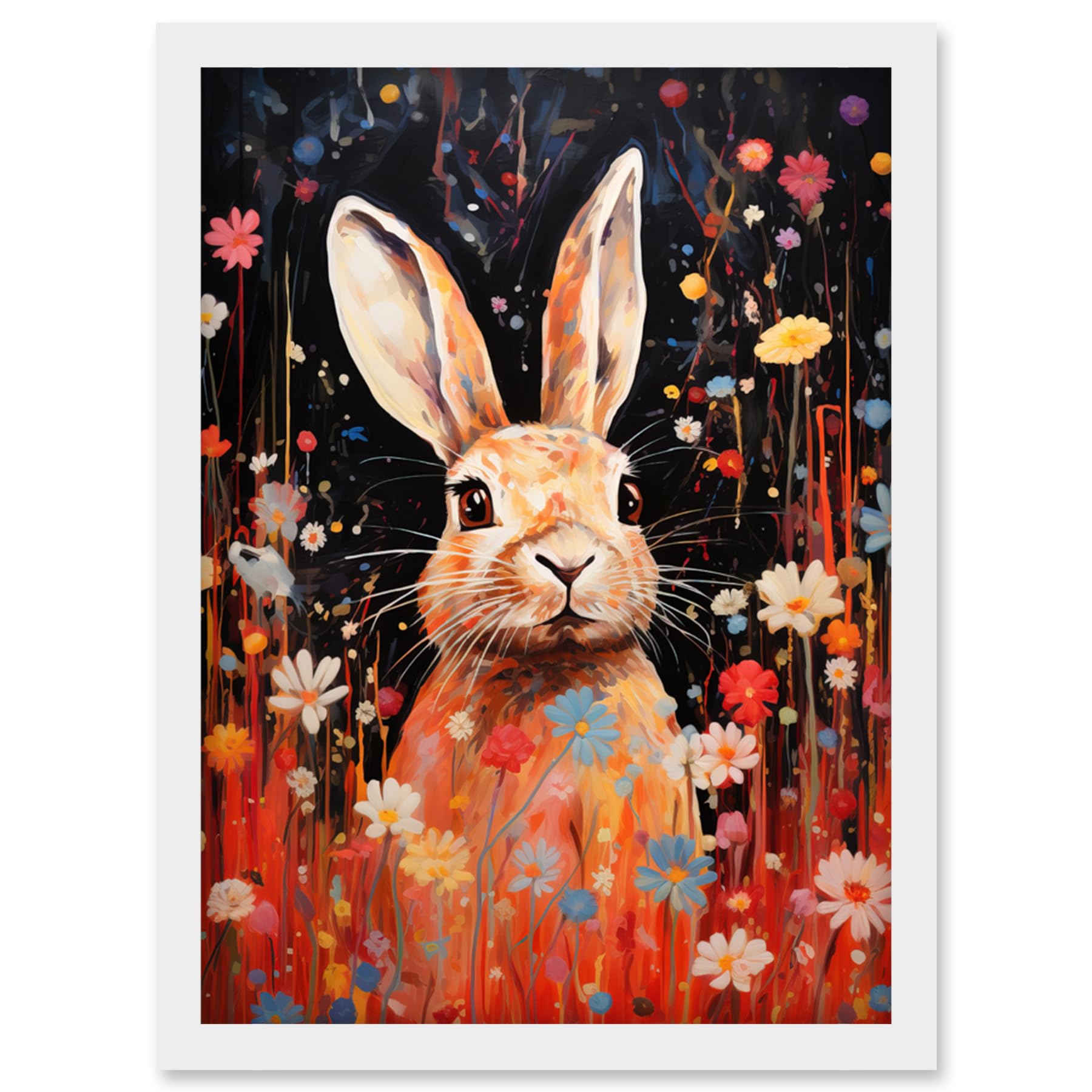 Artery8 - Kids Wall Art Print - Bunny Rabbit in Daisy Meadow - A4 - White