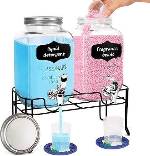 Paquete de 2 dispensadores de detergente para ropa de vidrio de 1.25 galones con grifos, vertido sin esfuerzo, tapa de rosca, soporte, alfombrillas