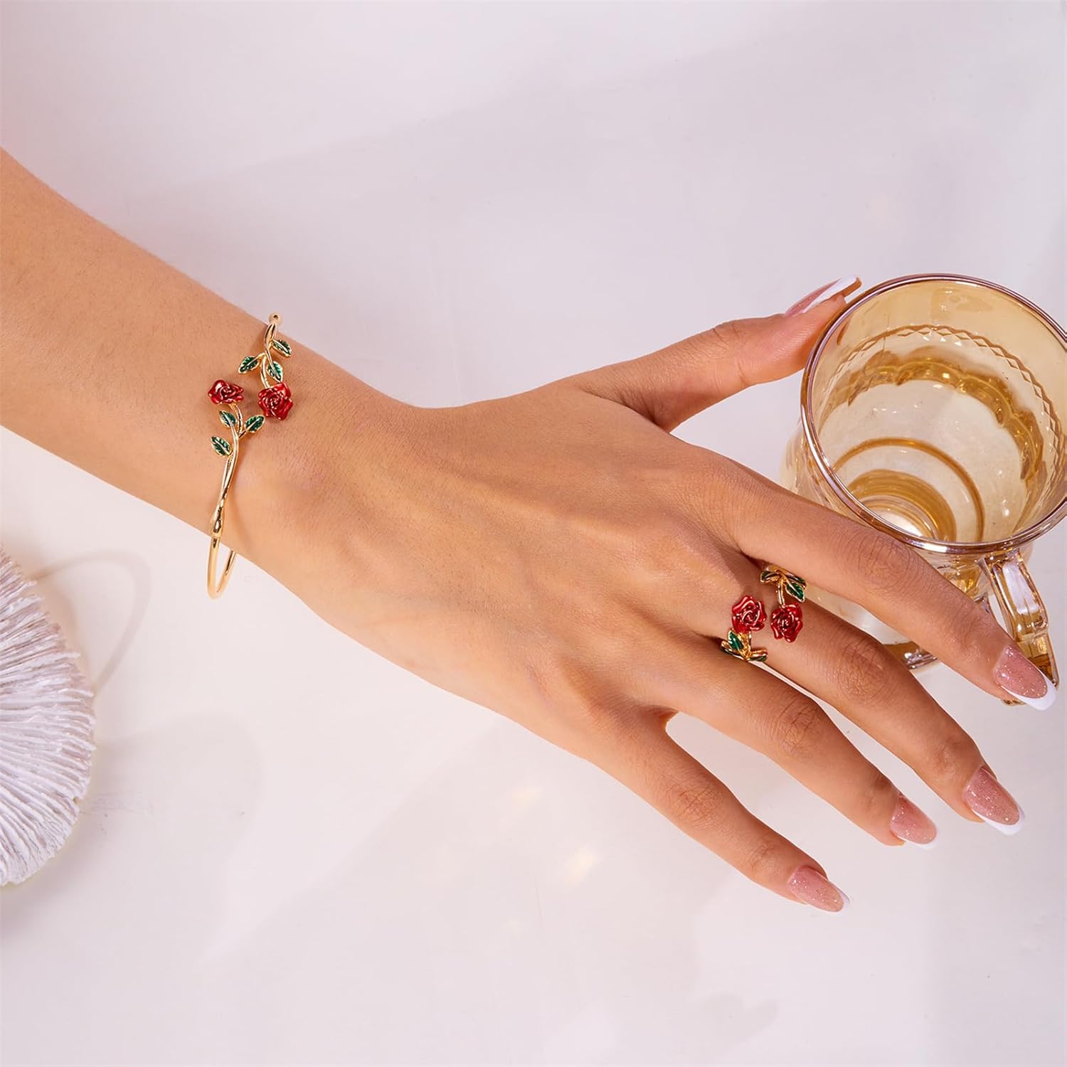 coadipress Rose Bracelet Ring Set for Women Dainty Fashion Red Roses Flower Green Leaf Open Cuff Adjustable Bracelets Vintage Flower Rings Wedding Personalized Accessories Jewelry - Image 2