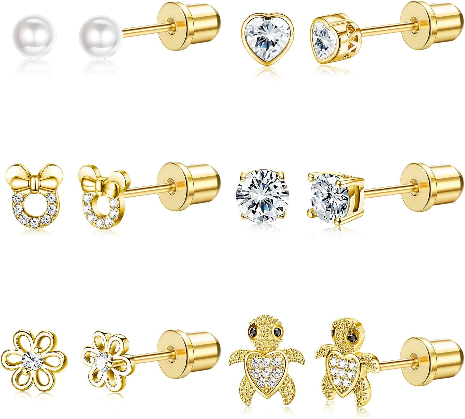 6 Pairs of Stud Earrings Set for Children Girls Women Hypoallergenic Stainless Steel Cubic Zirconia Health Stud Earrings CZ Heart Flower Cabochon Earring Set Helix Earrings Jewellery
