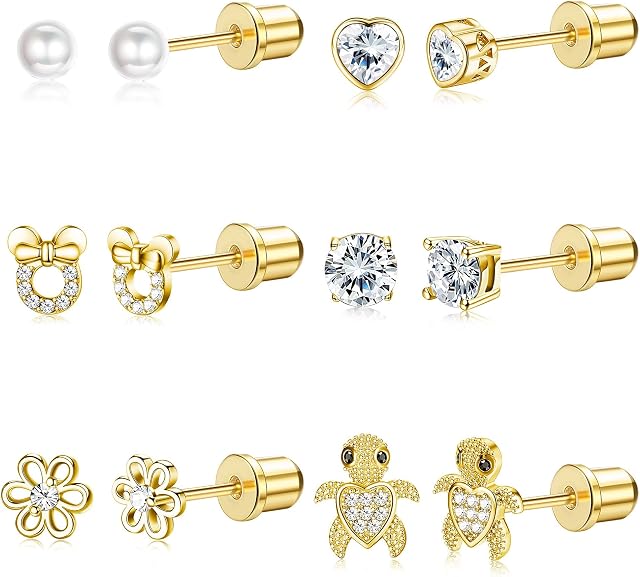 MILACOLATO 6Pairs Stud Earrings For Girls Women 316L Stainless Steel Hypoallergenic CZ Heart Screw Back Earring Studs Set Silver Gold Pink Cute Flower Stud Earrings Jewellery For Children Kids