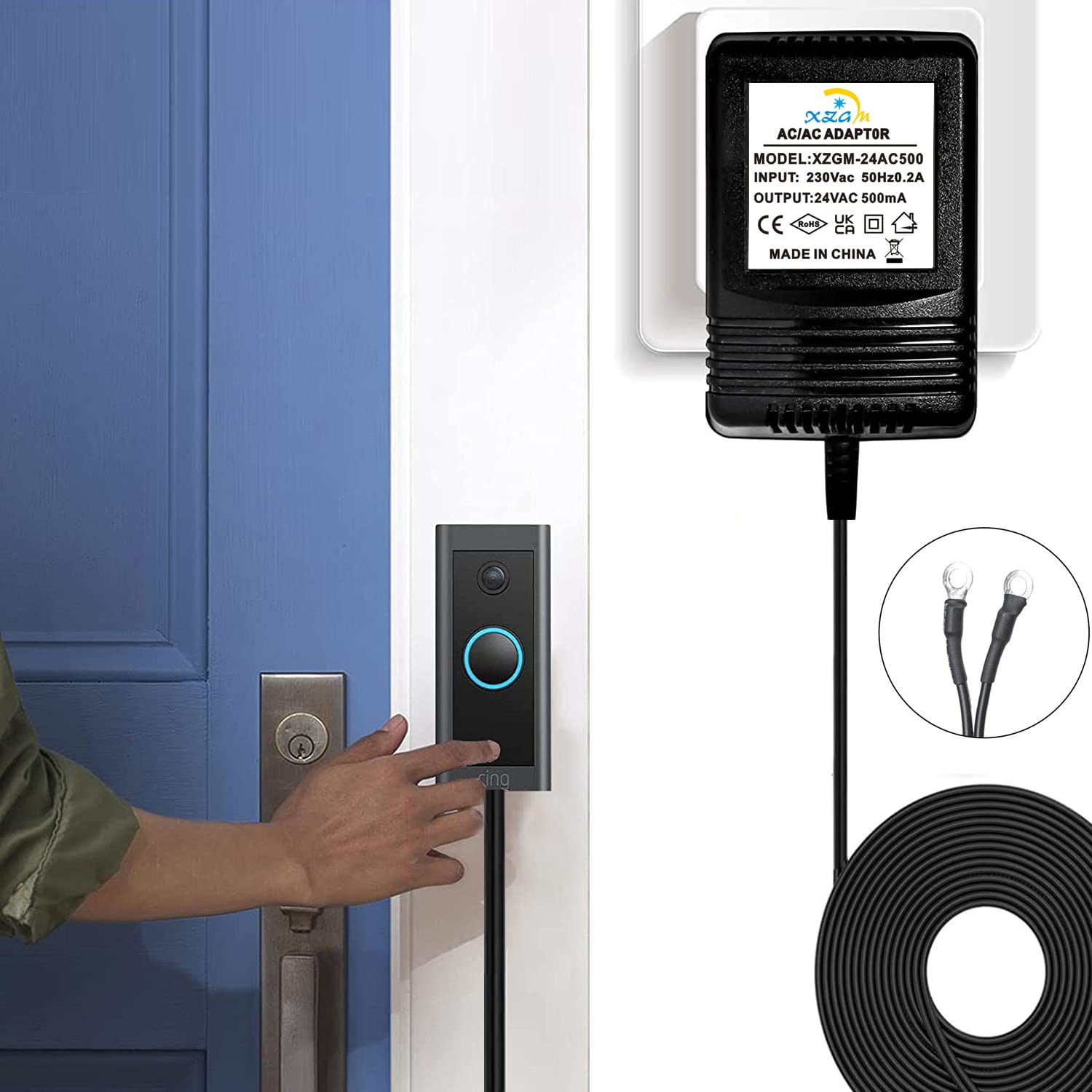 Transformateur d'alimentation pour sonnette, adaptateur 24V 500MA pour sonnette vidéo, convient à ring, Arlo, Nest, Eufy et la plupart des autres sonnettes vidéo (câble d'extension 5M Noir)