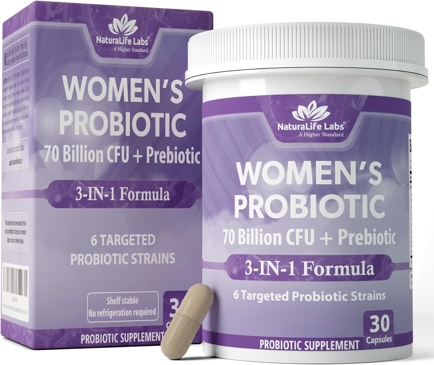 NaturaLife Labs Women's Probiotic 70 Billion CFU with Prebiotic Fiber - 3-in-1 - Supports PH Balance & Digestive Health - 6 Targeted Strains - Delayed Release - Shelf Stable - 30 Capsules