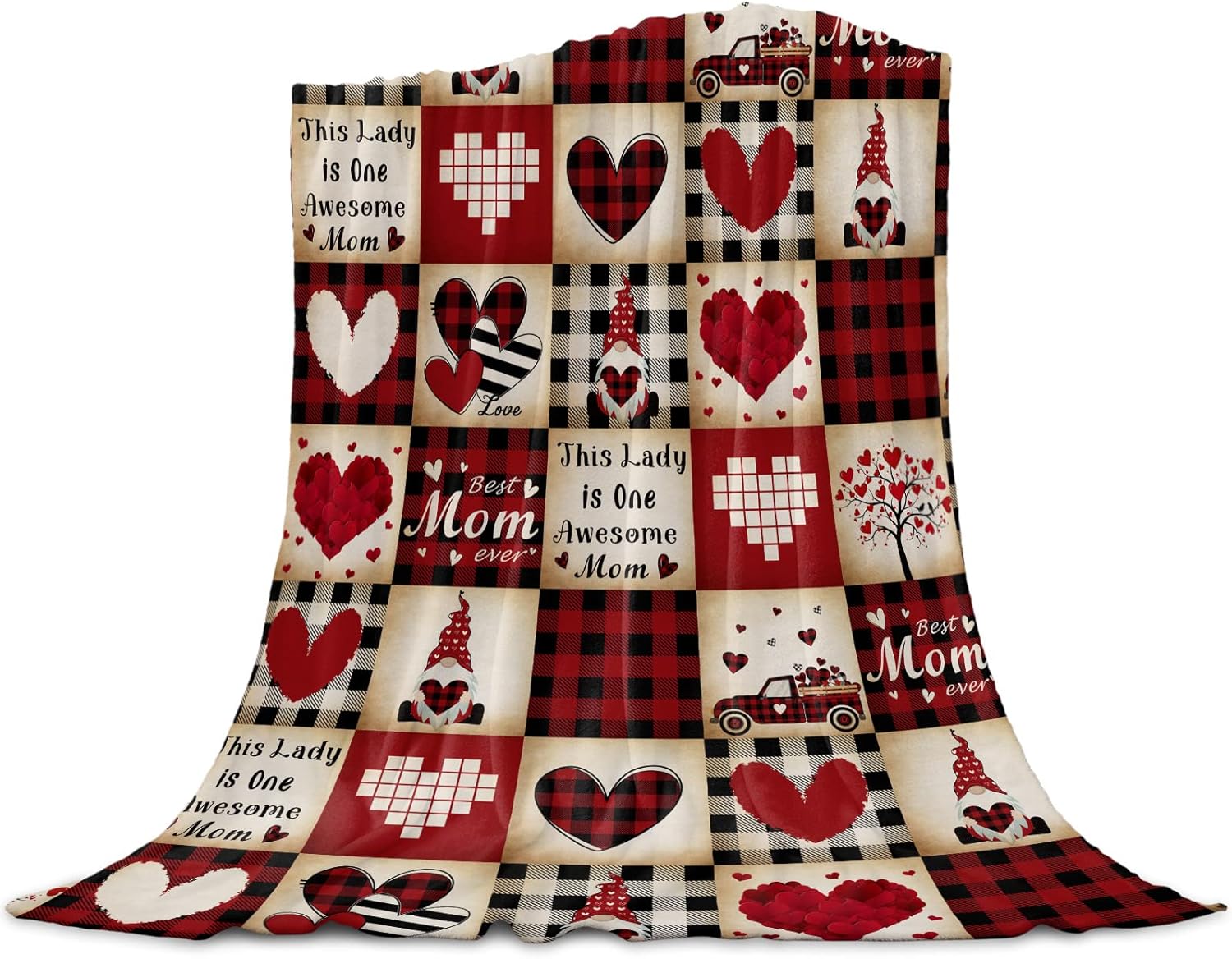 Happy Mother's Day Blanket Super Soft Flannel Fleece Throw Blankets Love Heart Gnome Truck Black Plaid Blanket Lightweight Cozy Warm Fuzzy Plush Microfiber Blankets for Couch Bed Sofa 40X60inch