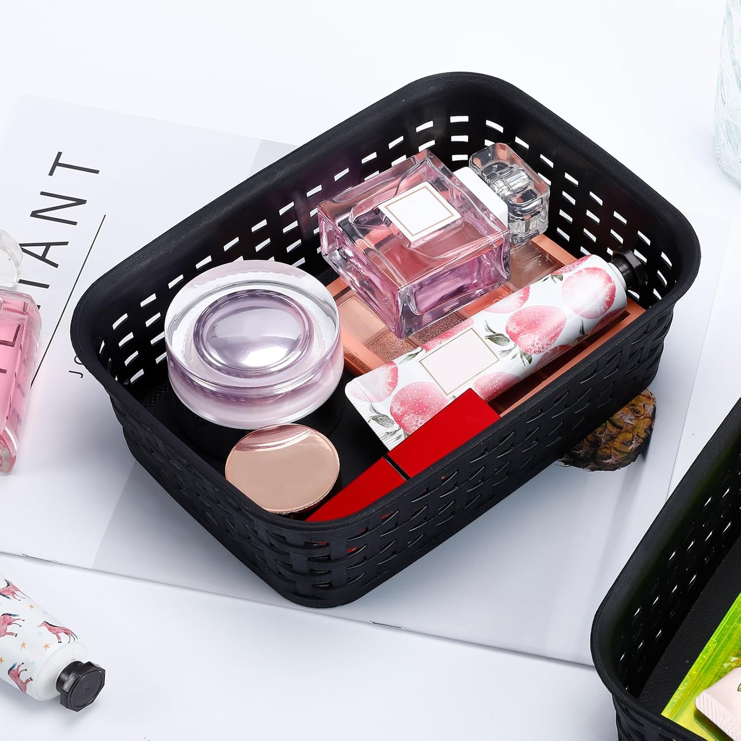 3 Pack Plastic Storage Baskets, Black | Small Plastic Basket Organizer Bins Storage Baskets for Cabinets Shelves Room Pantries Countertops