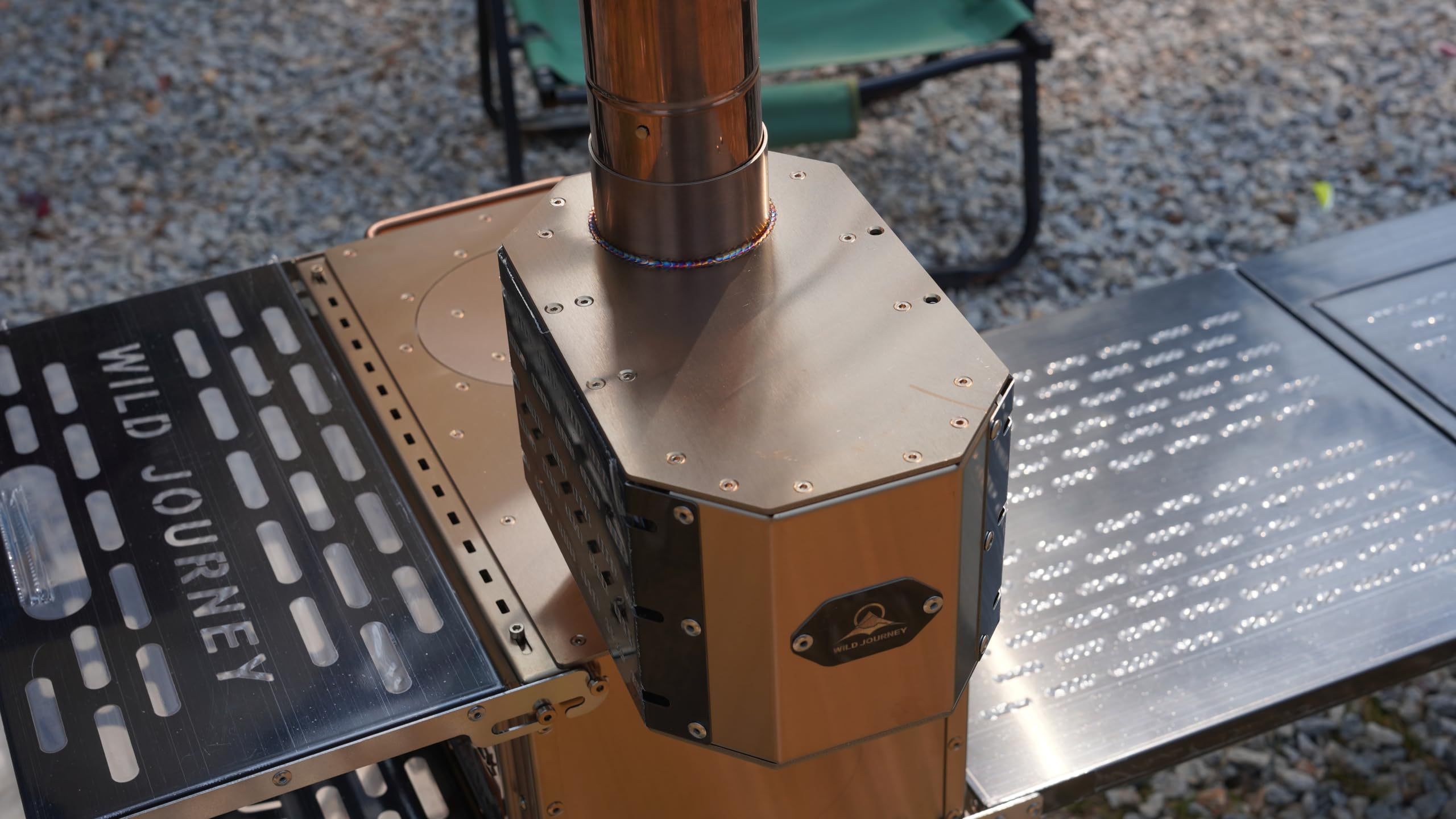 Plataforma de chimenea de acero inoxidable con supresor de chispas y plataforma de cocina, con protección de tienda, para estufas de leña con chimeneas de 2.756 in de diámetro, oro rosa 8