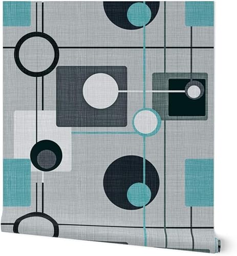 Spoonflower Peel & Stick Wallpaper 3ft x 2ft - Orbs Squares Grey Aqua Black White Vintage Blue Retro Circles Custom Removable Wallpaper
